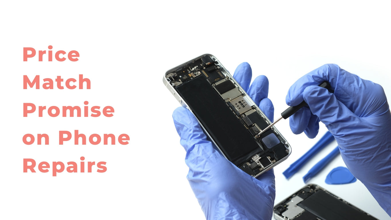 An expert technician carefully repairing an iPhone on a workbench, with text overlay: "Price Match Promise on Phone Repairs" — highlighting affordable repair services in the UK.