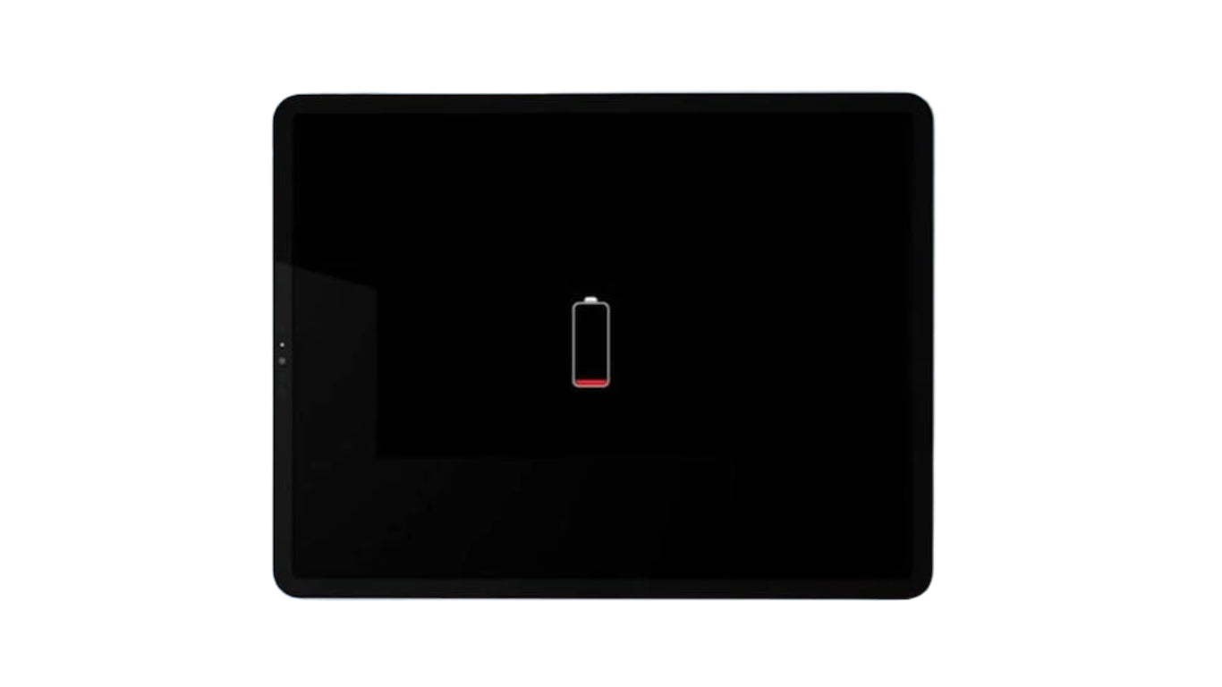 iPad screen showing low battery Icon, not charging.