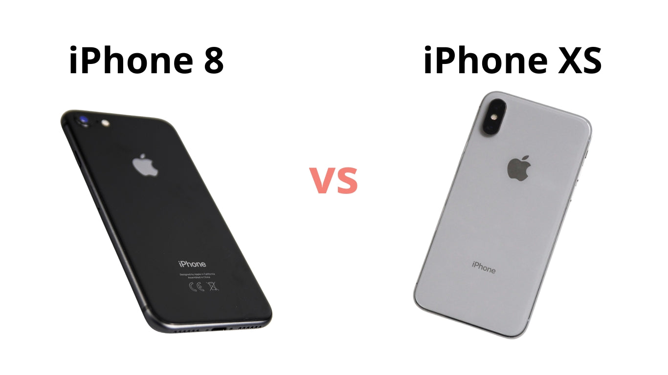 Side-by-side comparison of iPhone 8 and iPhone XS with model names displayed, highlighting design and display differences