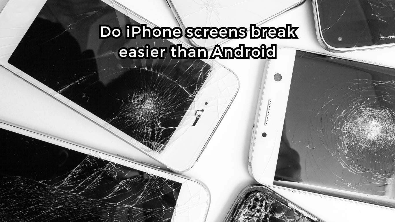 Several smartphones with cracked screens displayed side by side, highlighting iPhone and Android screen damage for repair comparison.