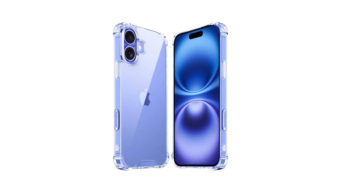 A smartphone fitted with a transparent clear phone case, displayed on a clean white surface