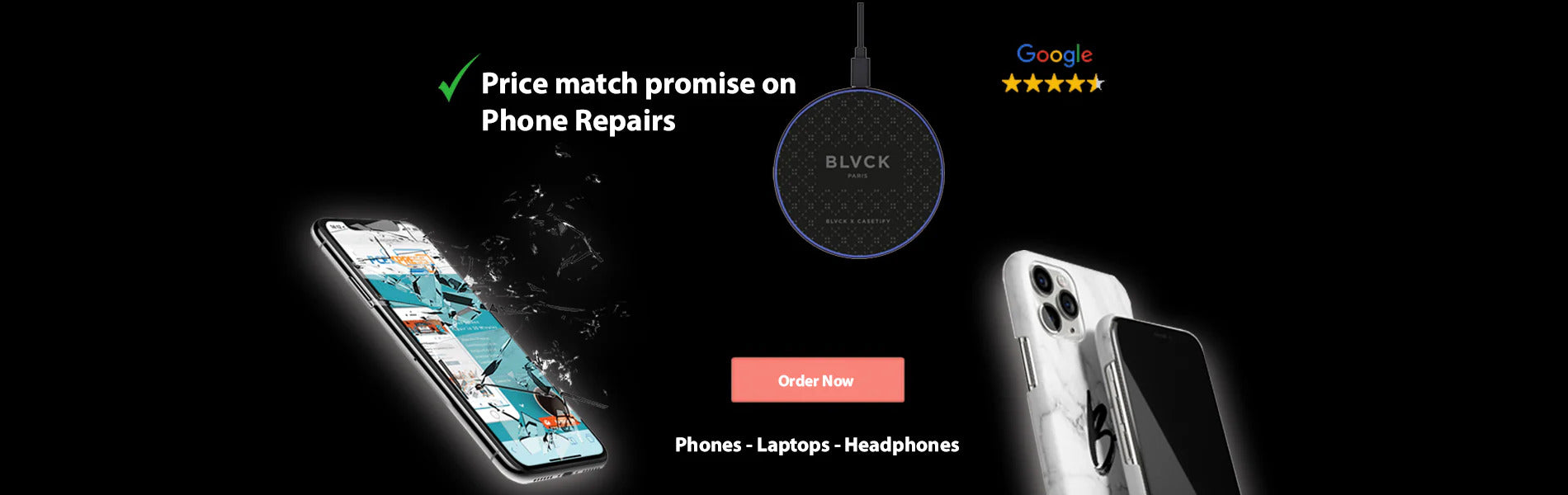 A selection of refurbished smartphones displayed for sale alongside a damaged phone, highlighting both phone sales and repair services at Imfixed.