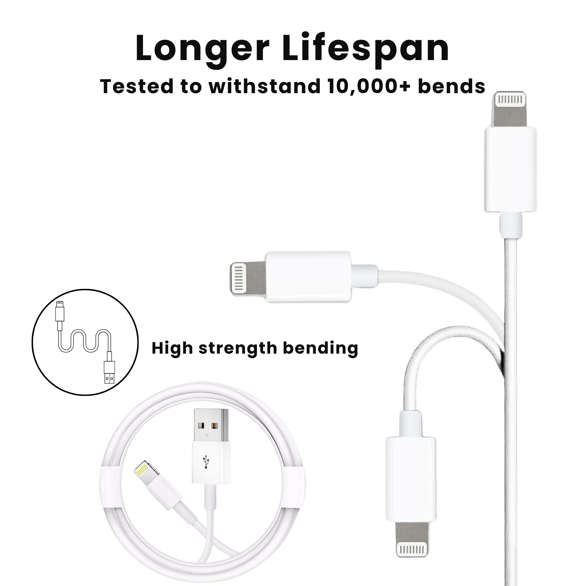 1 Metre Genuine Apple Lightning Charging USB Cable For iPhones and iPads, tested to withstand 10,000+ bends displayed over a plain background
