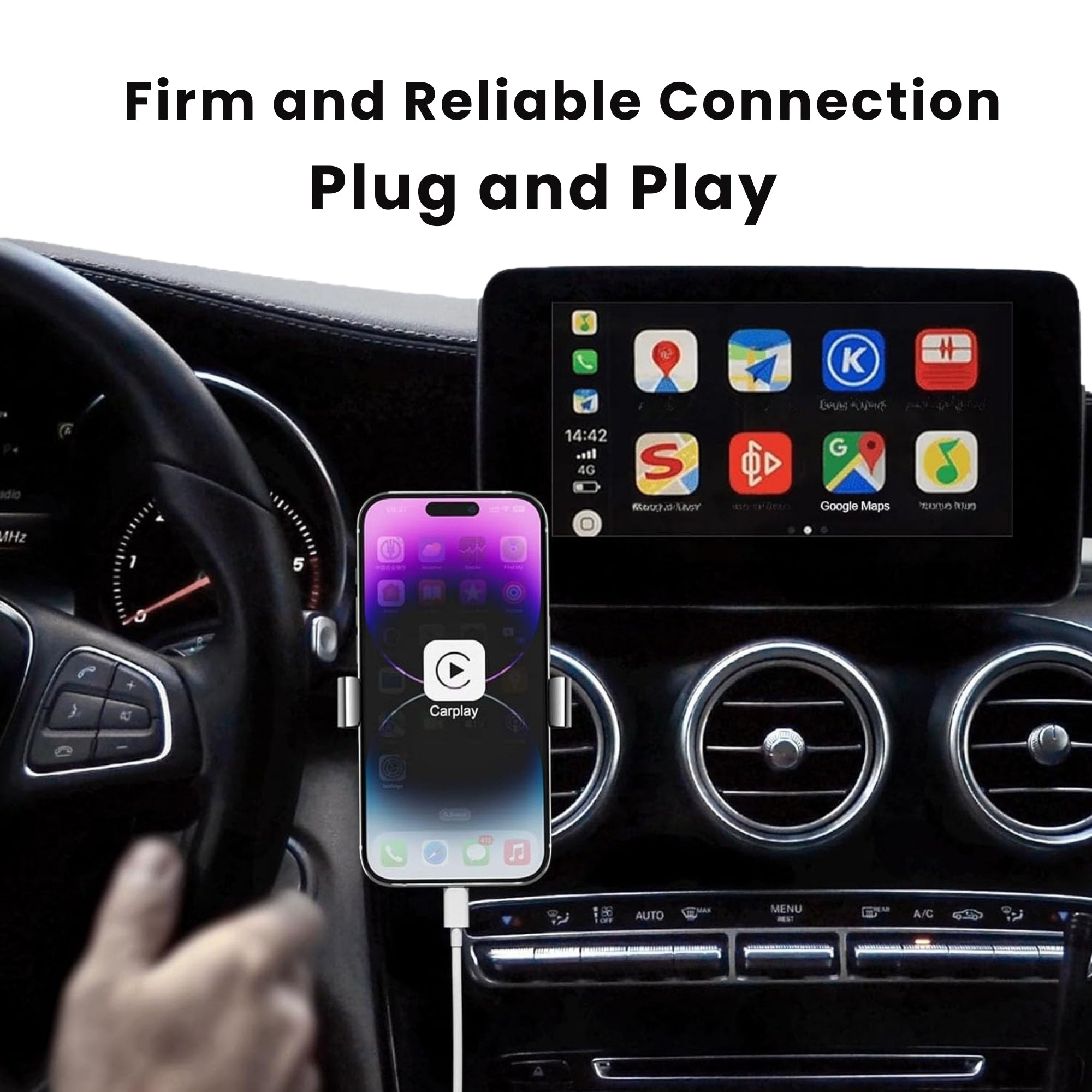 1 Metre Genuine Apple Lightning Charging USB Cable For iPhones and iPads displayed attached to phone in a car in the background
