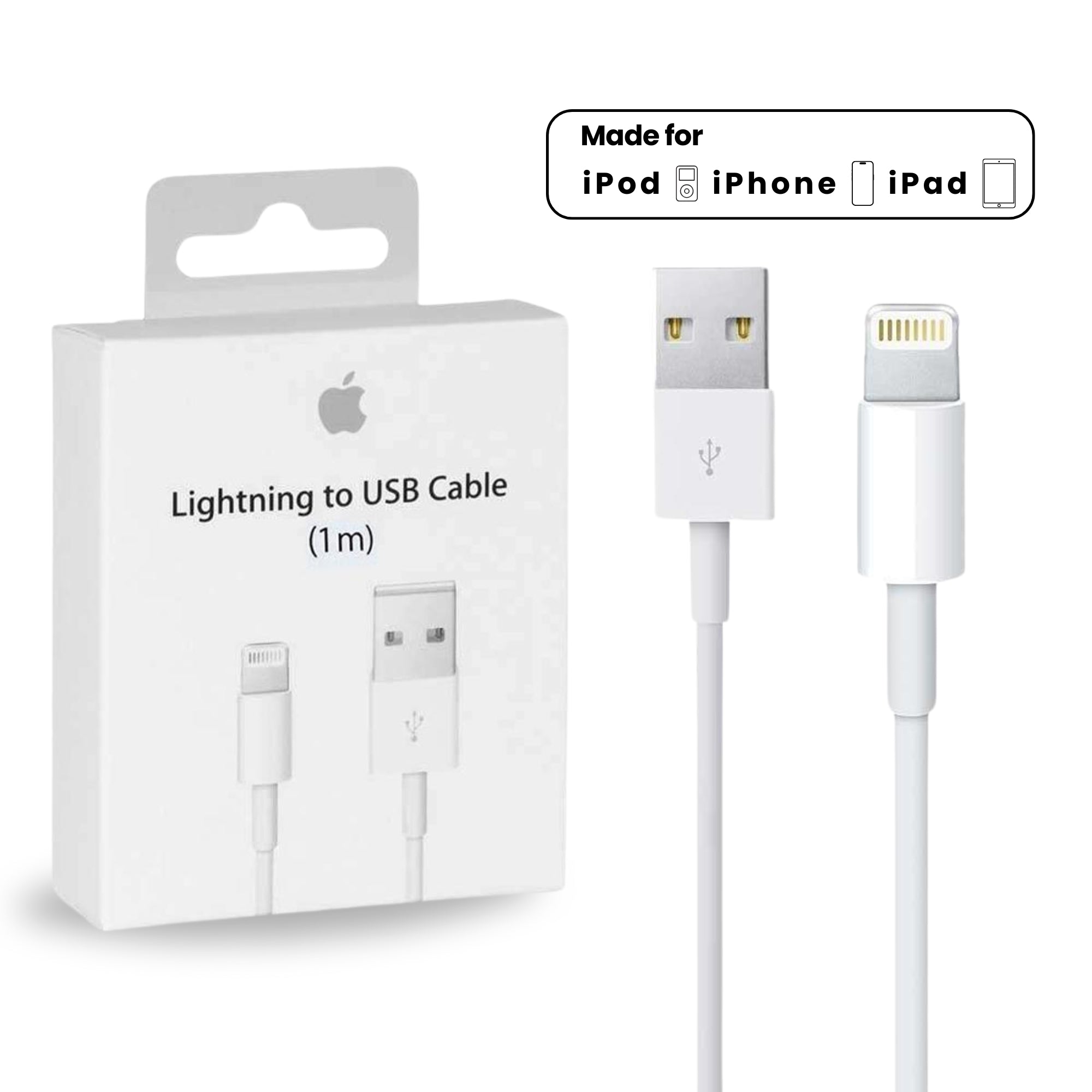 1 Metre Genuine Apple Lightning Charging USB Cable For iPhones and iPads displayed over a plain background with box