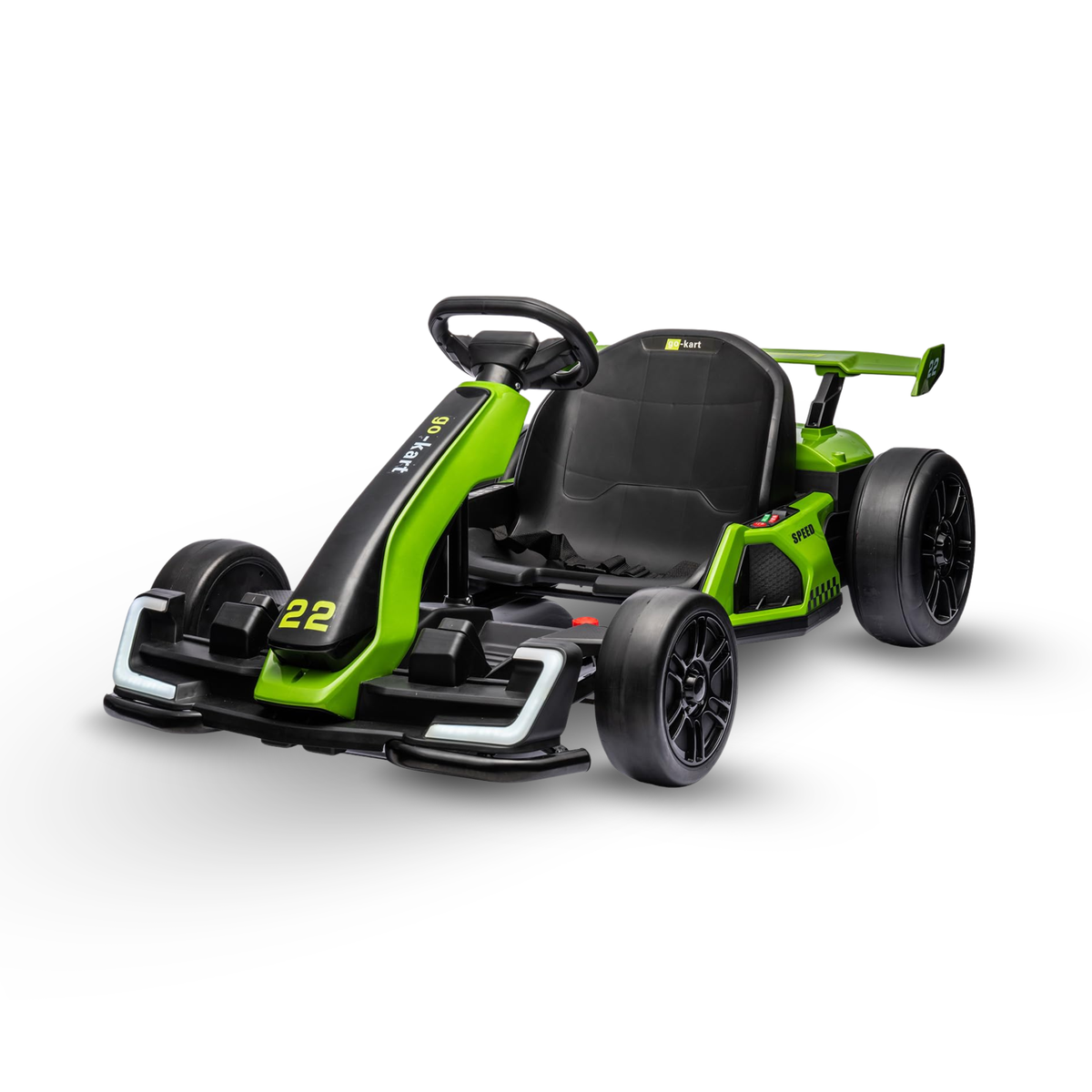Lime green 24V DriftForce Pro kids electric drift go kart with racing seat, rear spoiler and dual 150W motors