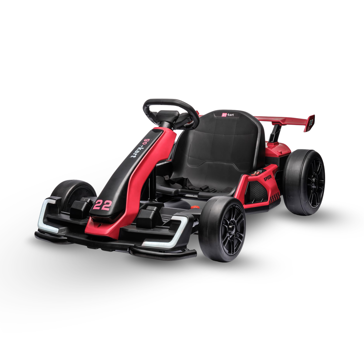 Red 24V DriftForce Pro kids electric drift kart with 300W combined motor power, racing seat and rear spoiler