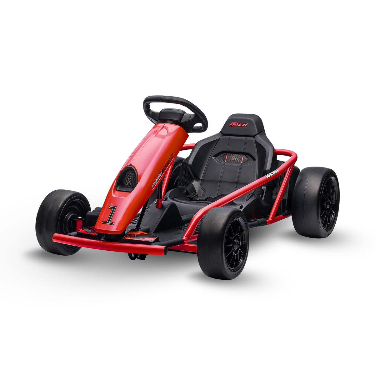 Red 24V TurboDrift electric go kart for kids with drift tyres, racing bucket seat and 400W combined motor power