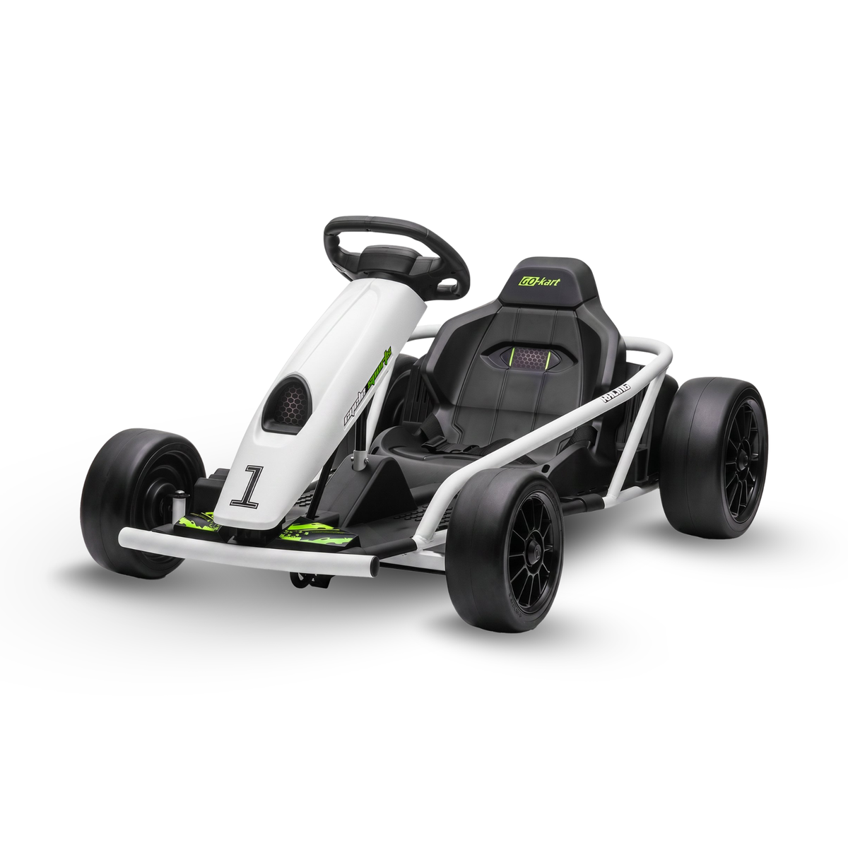 White 24V TurboDrift kids electric go kart with slick rear drift tyres and racing seat