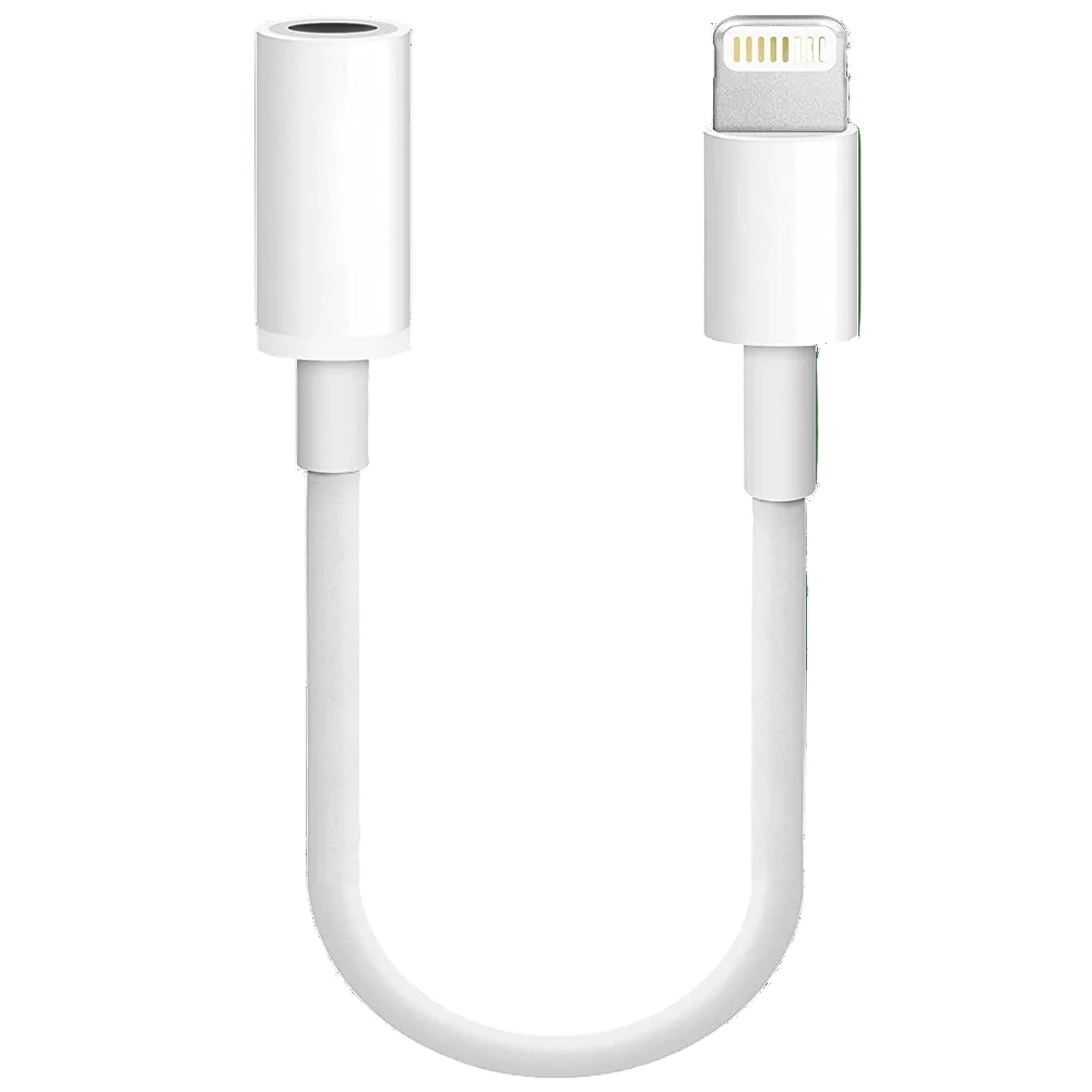 A white 3.5mm headphone jack adapter with a Lightning connector.