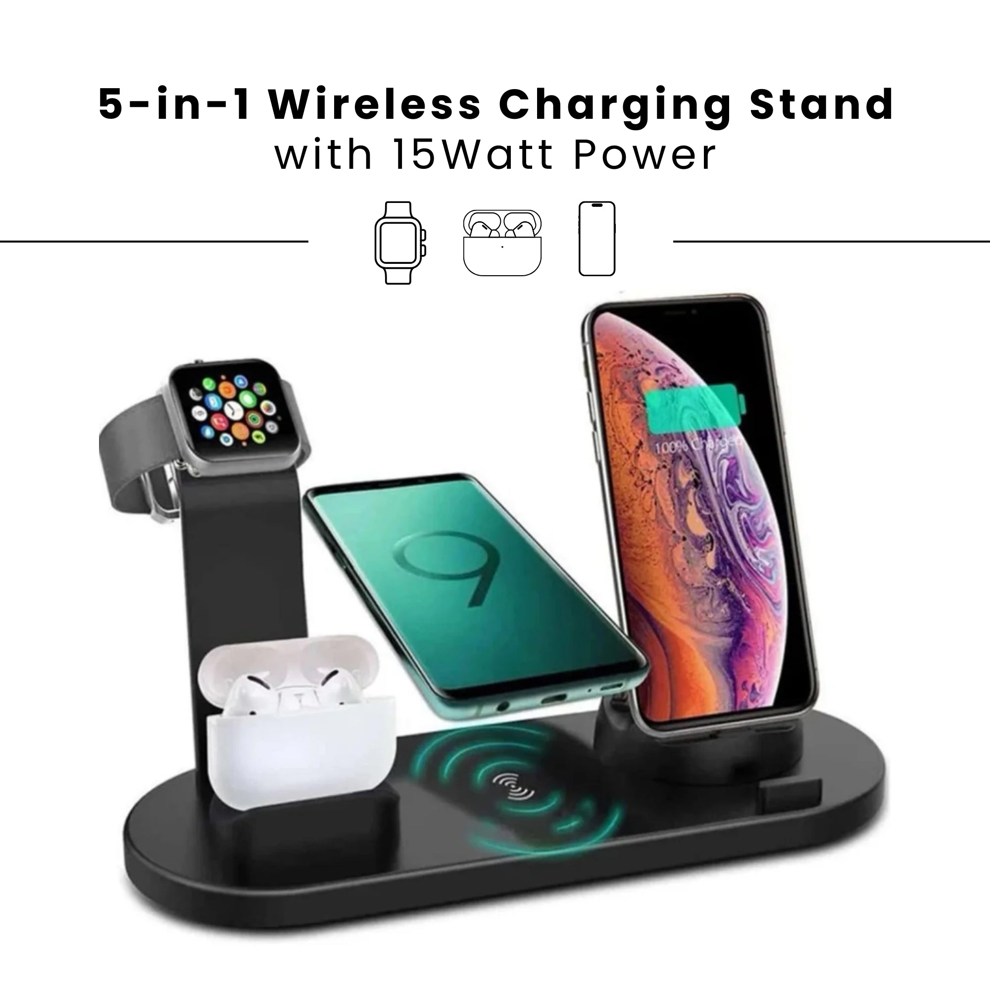 A 5-in-1 wireless charger stand with multiple devices plugged into it, demonstrating its charging function.