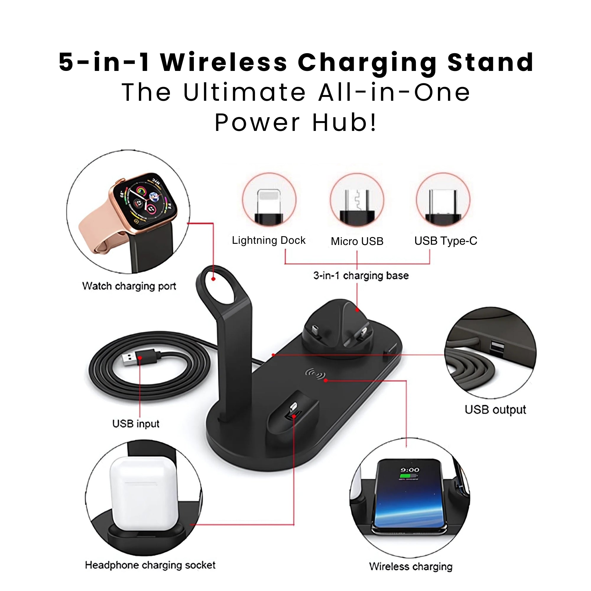 A 5-in-1 wireless charger stand with multiple devices plugged into it, demonstrating its charging function.