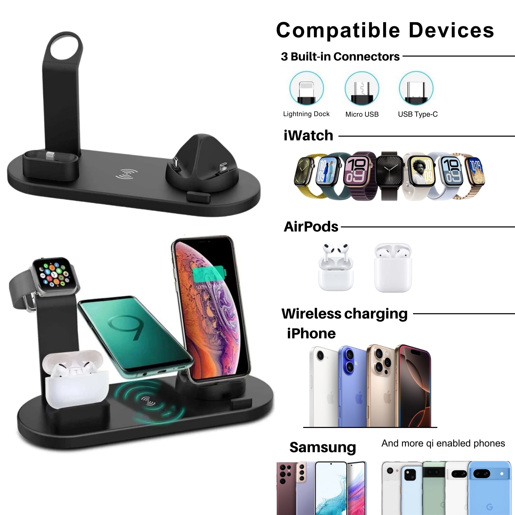 A 5-in-1 wireless charger stand with multiple devices plugged into it, demonstrating its charging function.