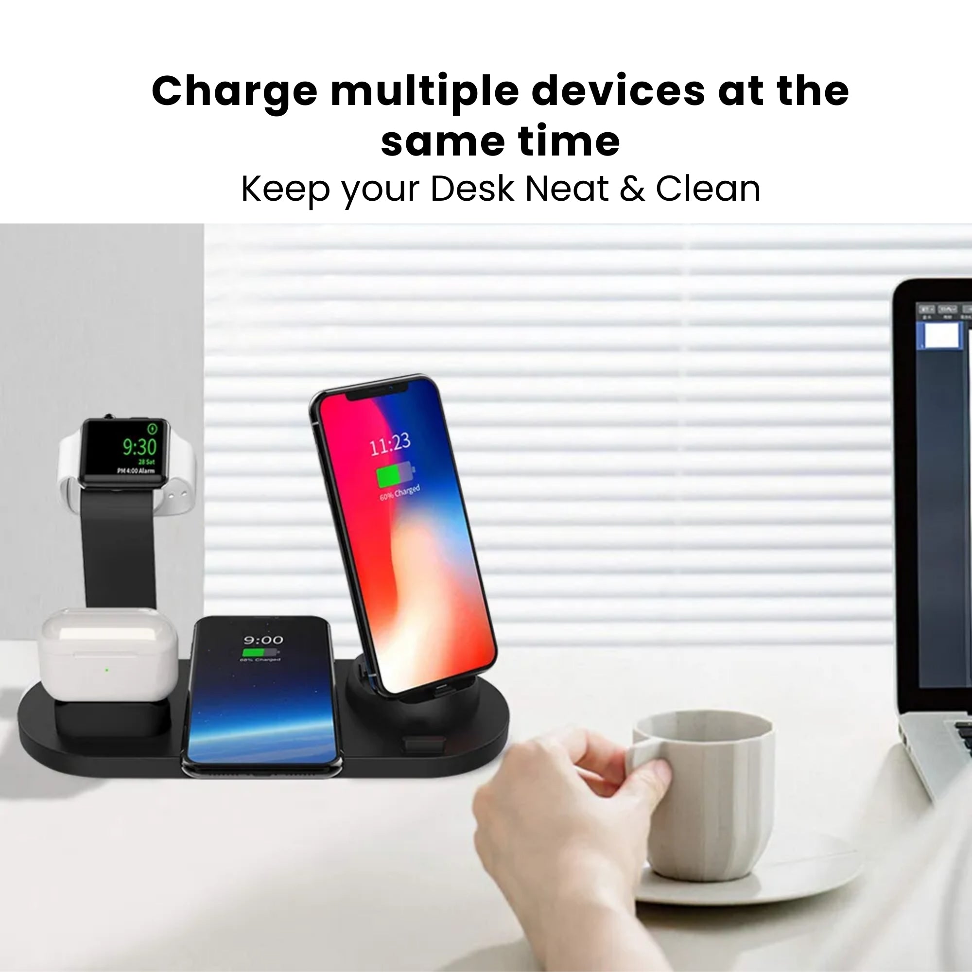 A 5-in-1 wireless charger stand with multiple devices plugged into it, demonstrating its charging function.