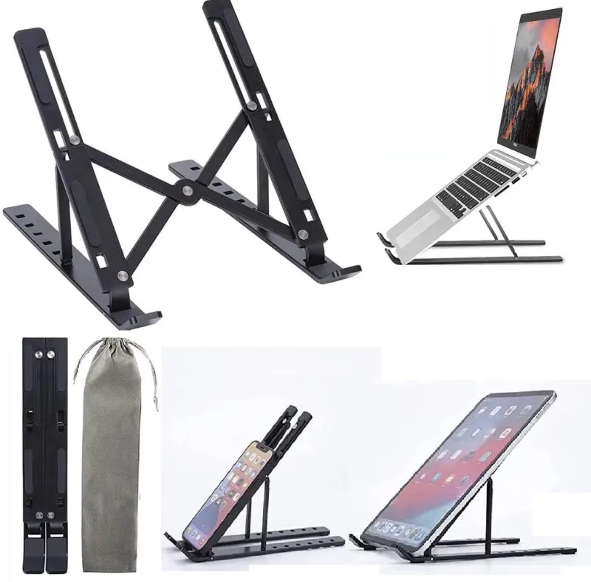 A collection of images showing a black adjustable laptop stand in various positions with different laptops placed on it. The stand is shown folded and unfolded, and there is a version with a gray carrying bag.