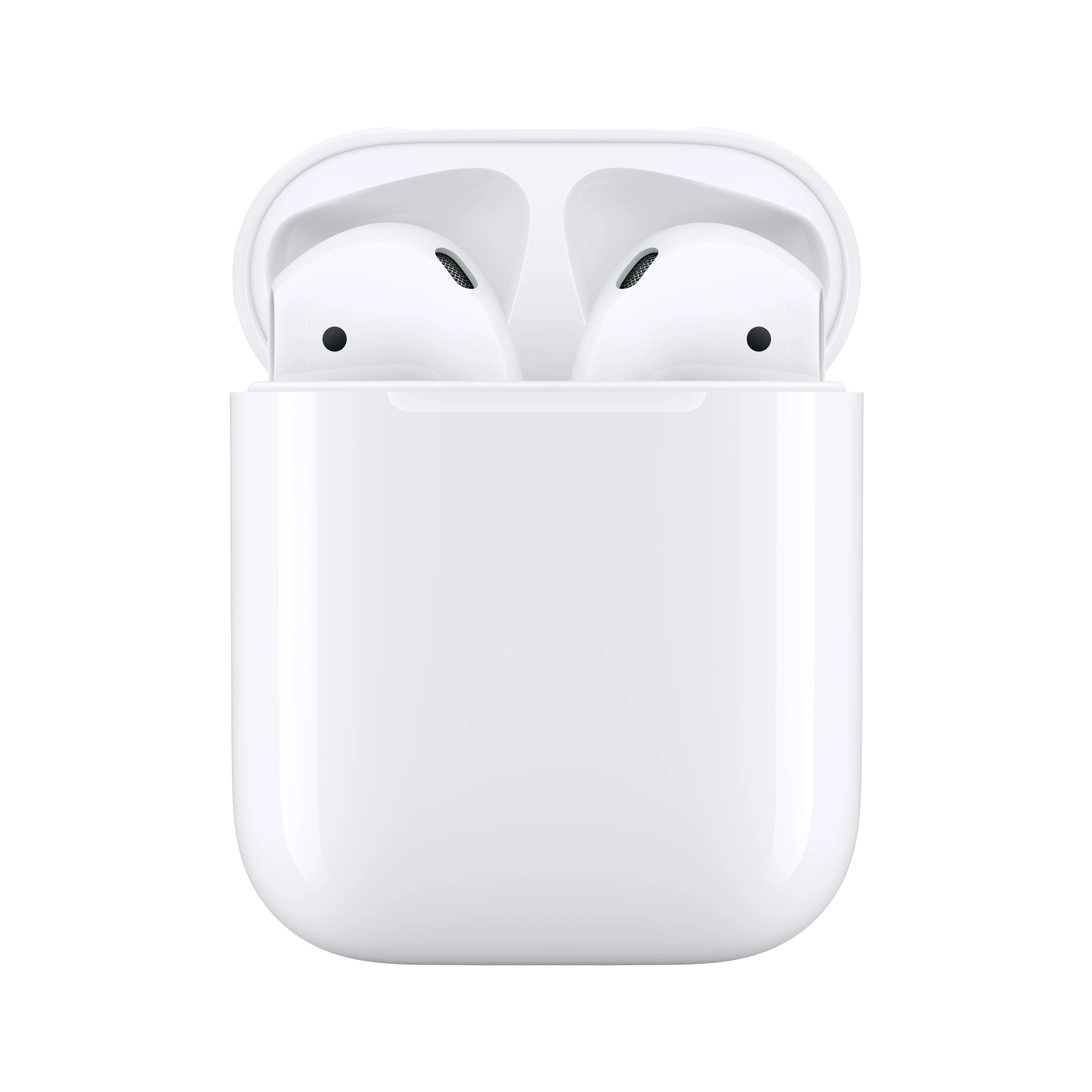 A pair of white Apple AirPods 2nd Generation in their open charging case.