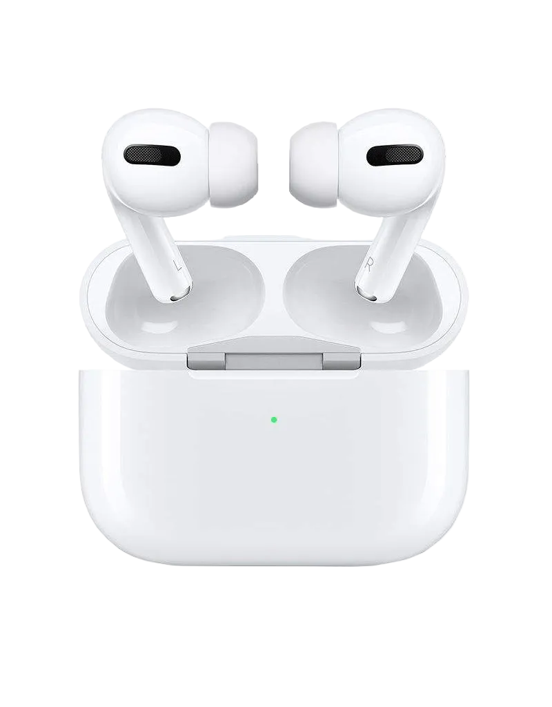 Apple AirPods Pro 2nd Generation earbuds in white color, with a charging case open, showing the ear tips and the earbuds' design.