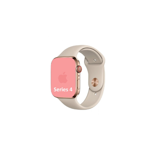 Apple Watch Series 4 with a pink screen and a beige band.