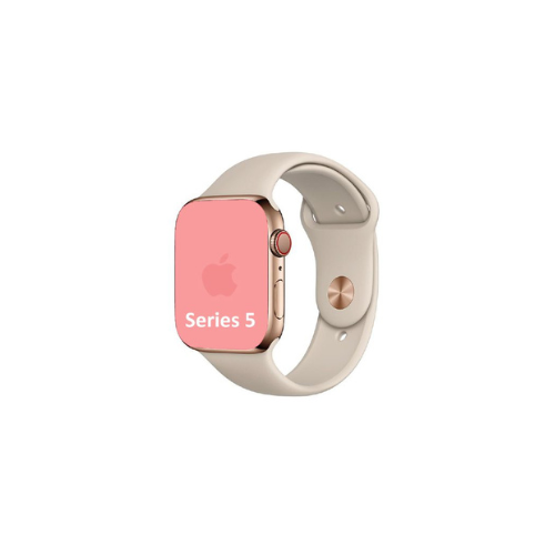 Apple Watch Series 5 with a beige band on a white background.
