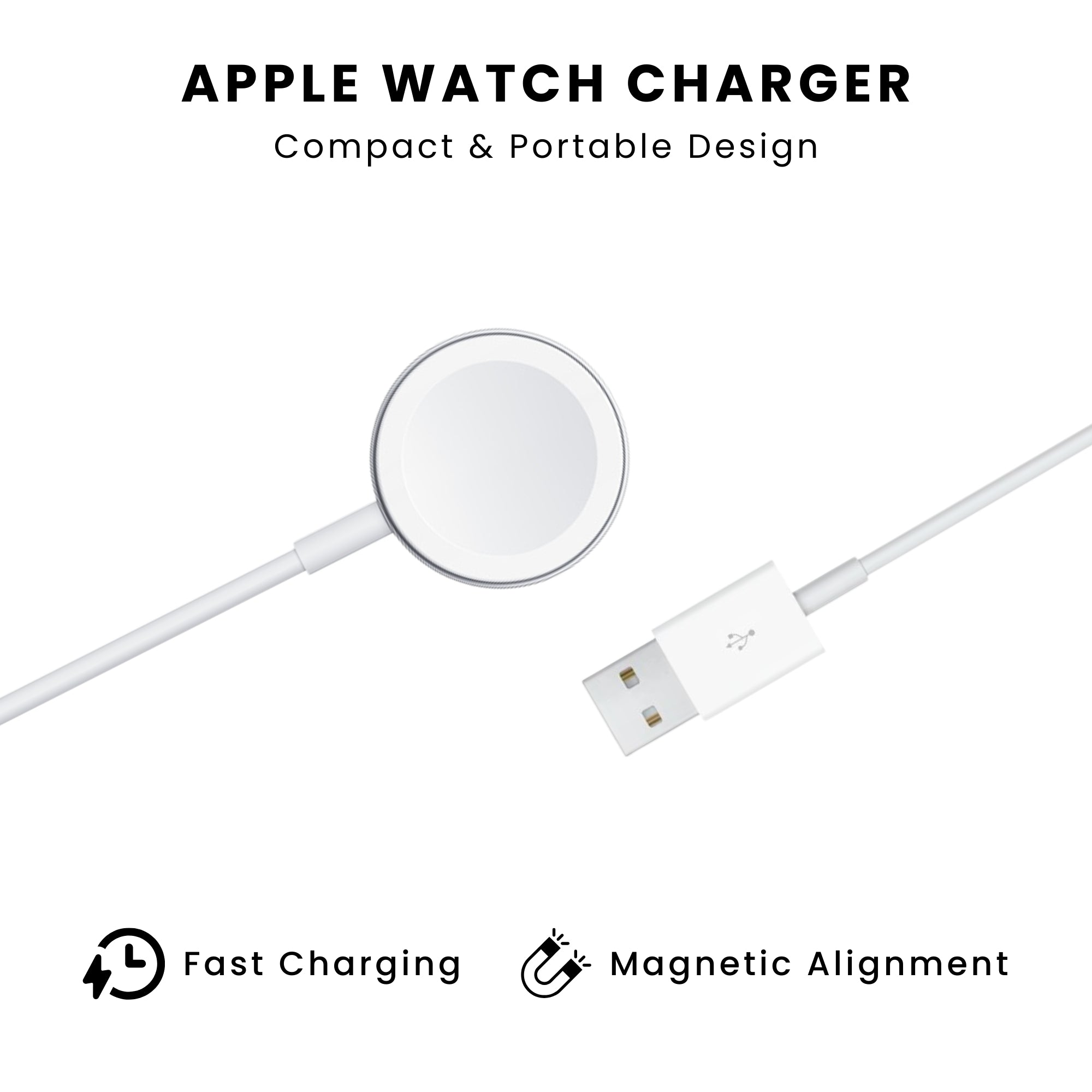 An Apple Watch charger with a white magnetic attachment surface and a white cable connecting to a USB port.