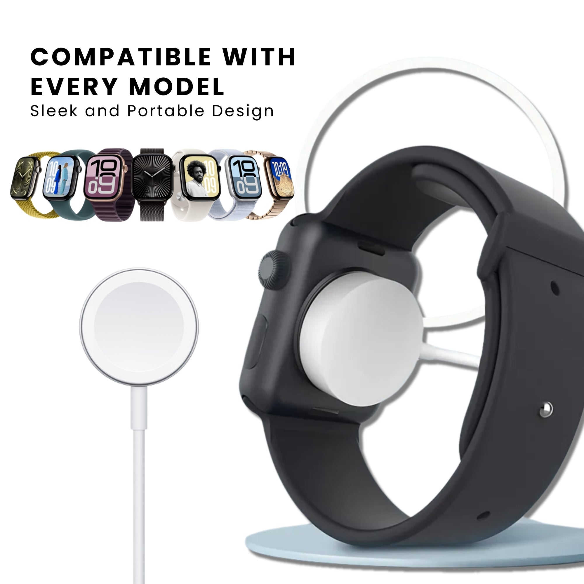 An Apple Watch charger with a white magnetic attachment surface and a white cable connecting to a USB port compatible with every model.