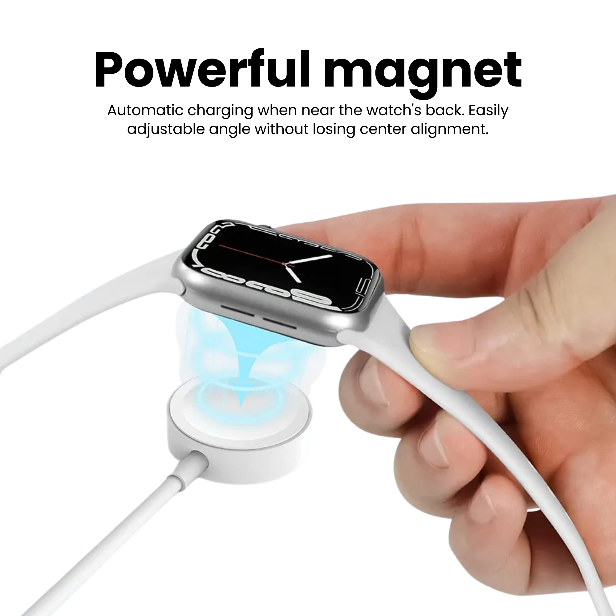 An Apple Watch charger with a white magnetic attachment surface and a white cable connecting to a USB port.