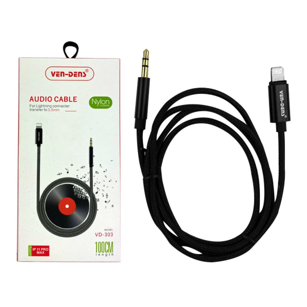An Aux to Lightning Cable with packaging displaying compatible device range. The cable is black with a 3.