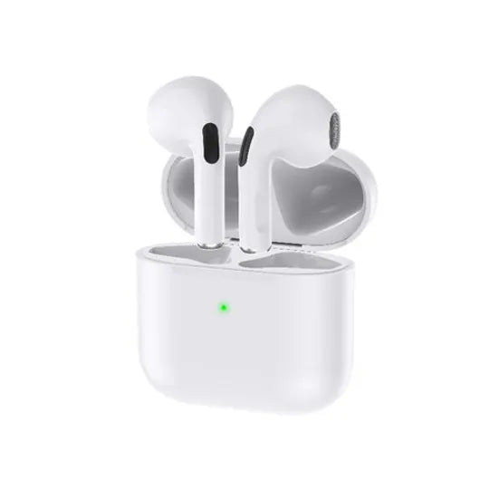 A pair of Budi white wireless headphones in an open charging case.