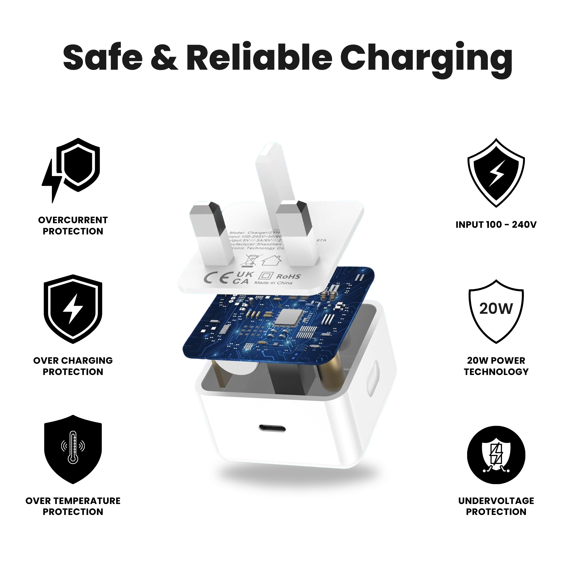 White Safe & Reliable Charger with features written along with it.