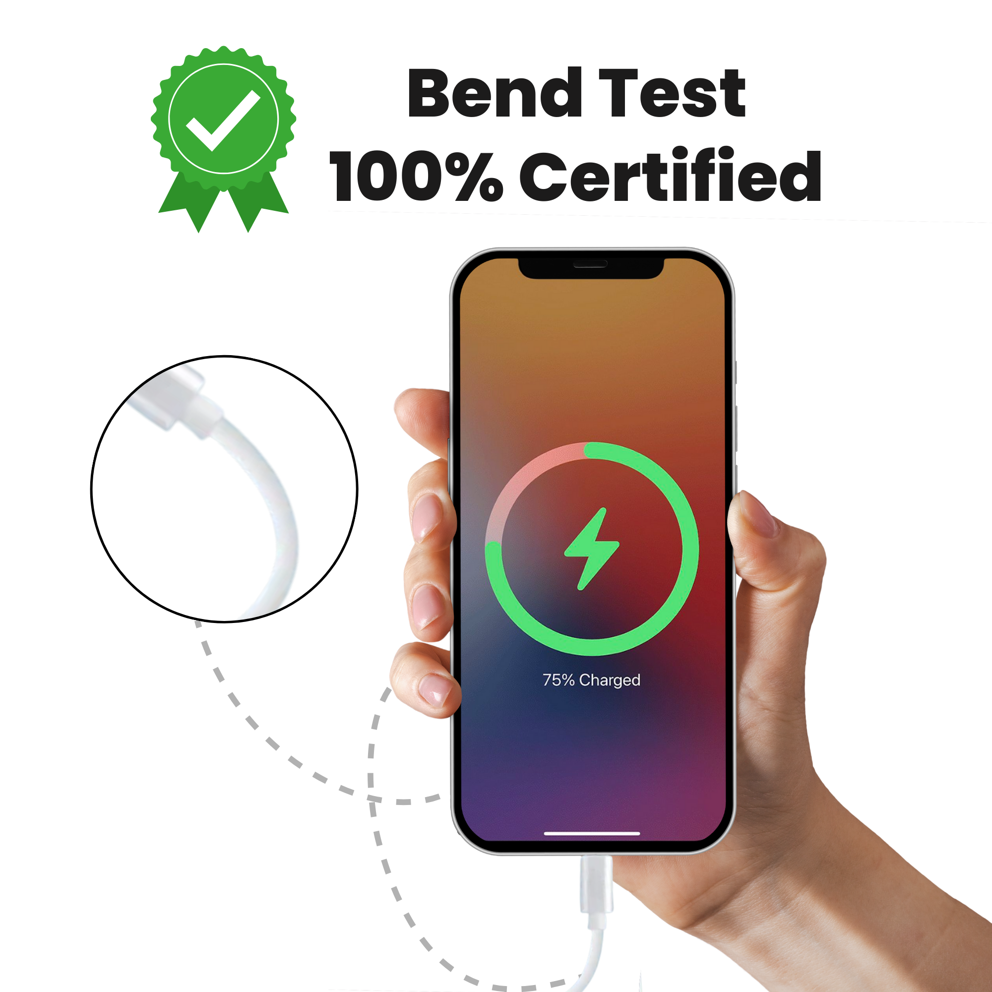 Bend test certified white USB-C to Lightning cable.