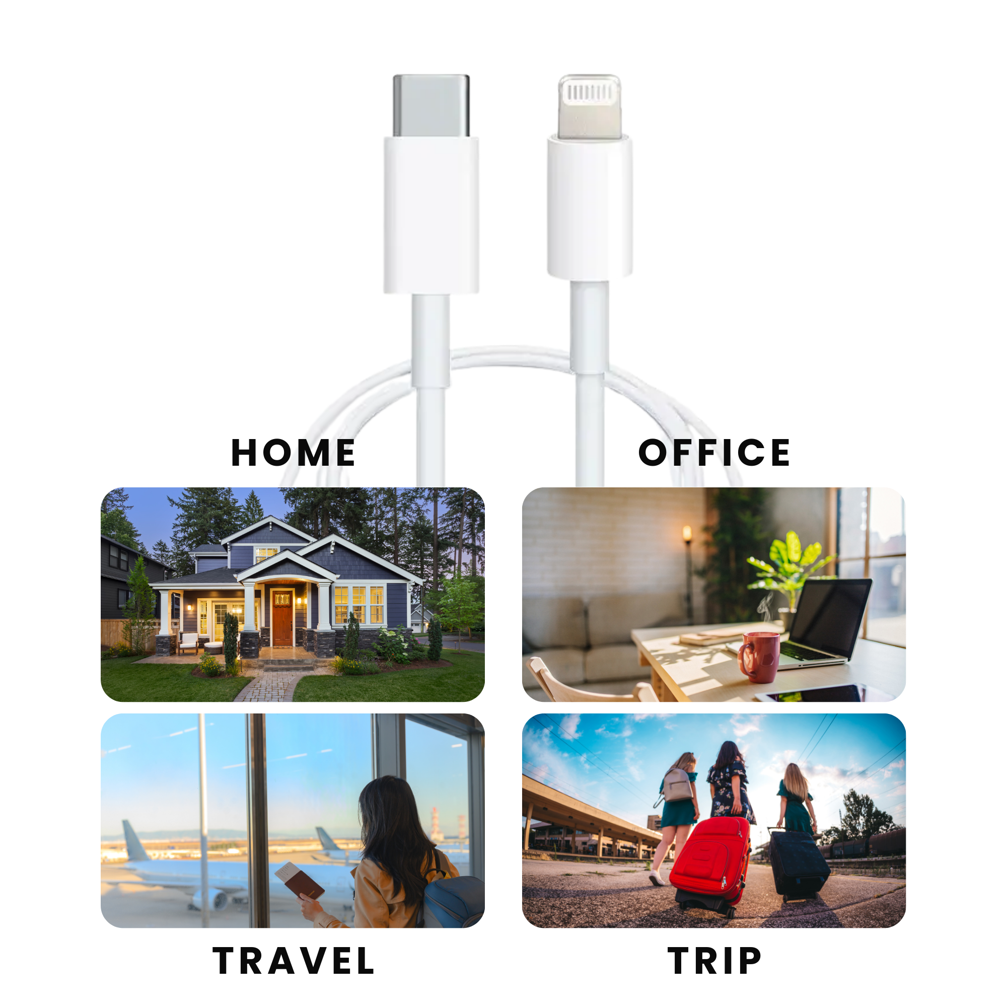 White USB-C to Lightning cable for home, office, travel or trip.
