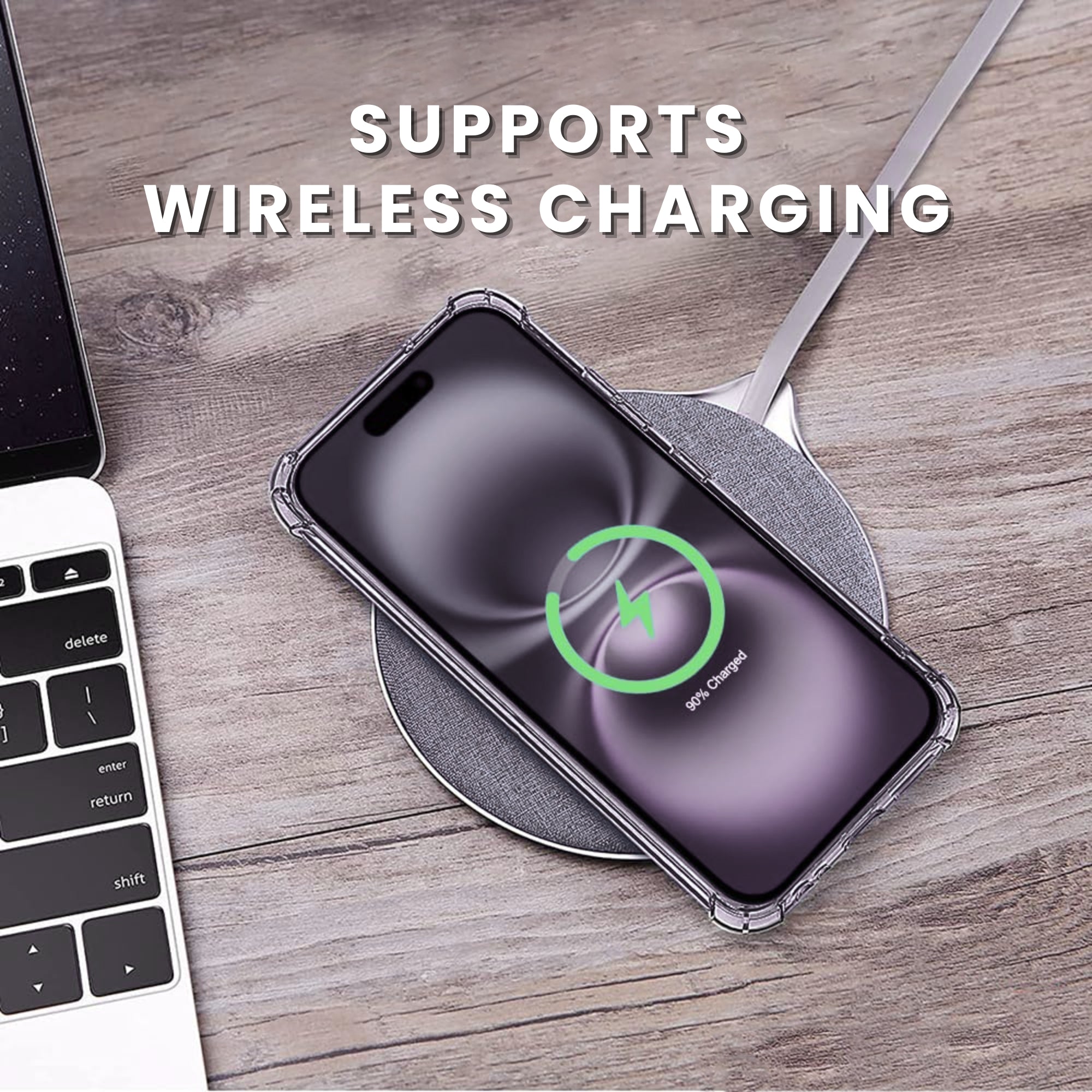 Clear protective case for all iPhone models, showing the front with raised bezels with dynamic design that supports wireless charging.