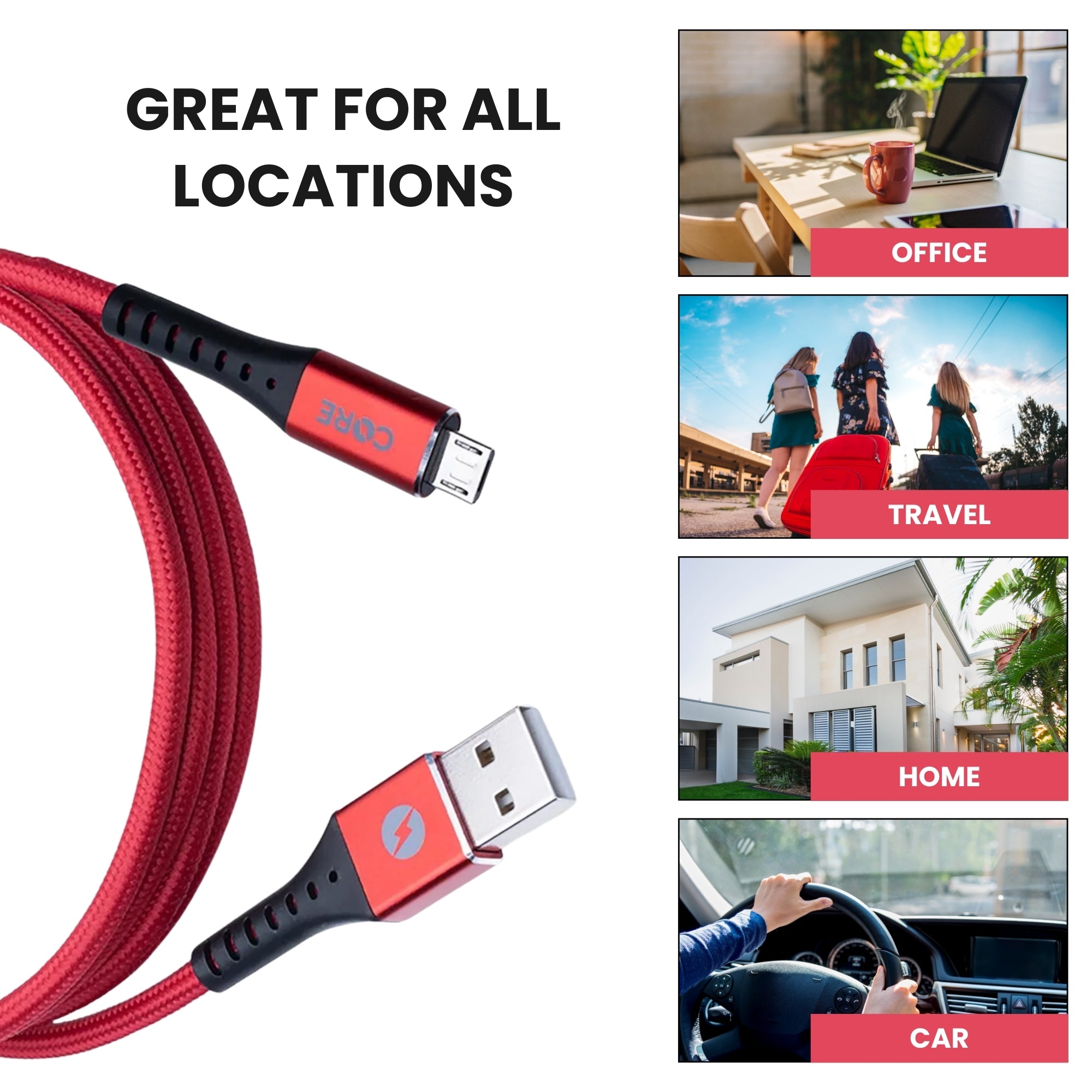 A red Core brand Micro USB cable with both USB and Micro USB connectors.