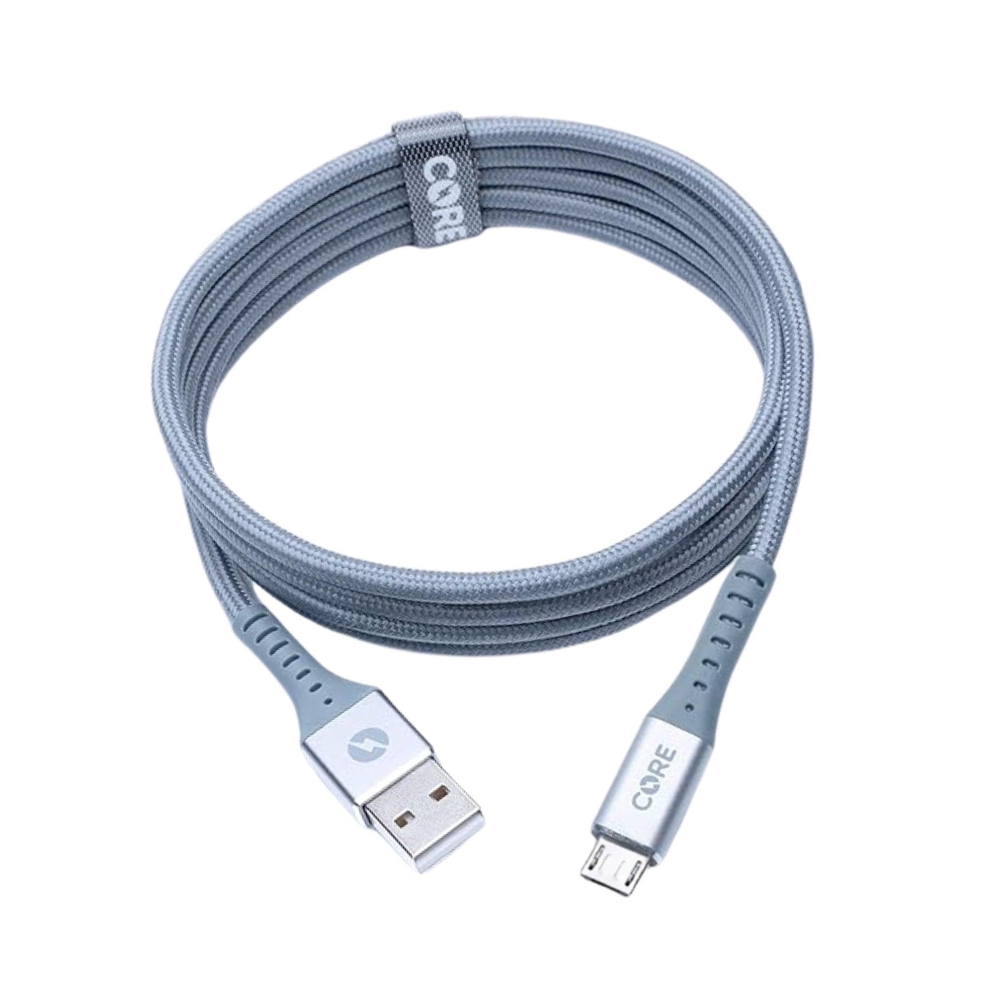 A 1.5-meter gray micro USB cable with a USB connector on one end and a micro USB connector on the other end, branded with the name 'Core'.