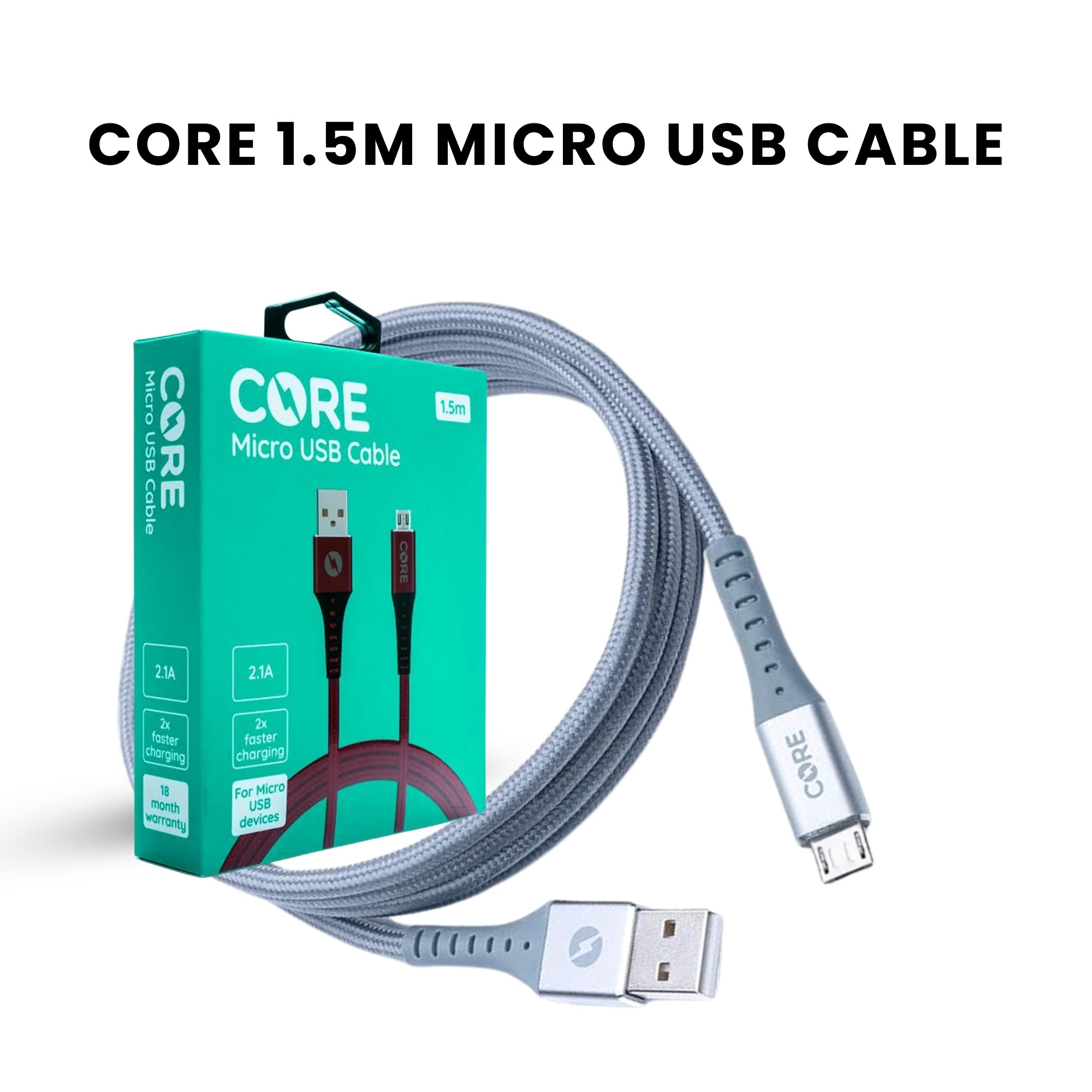 A 1.5-meter gray micro USB cable with a USB connector on one end and a micro USB connector on the other end, branded with the name 'Core'.