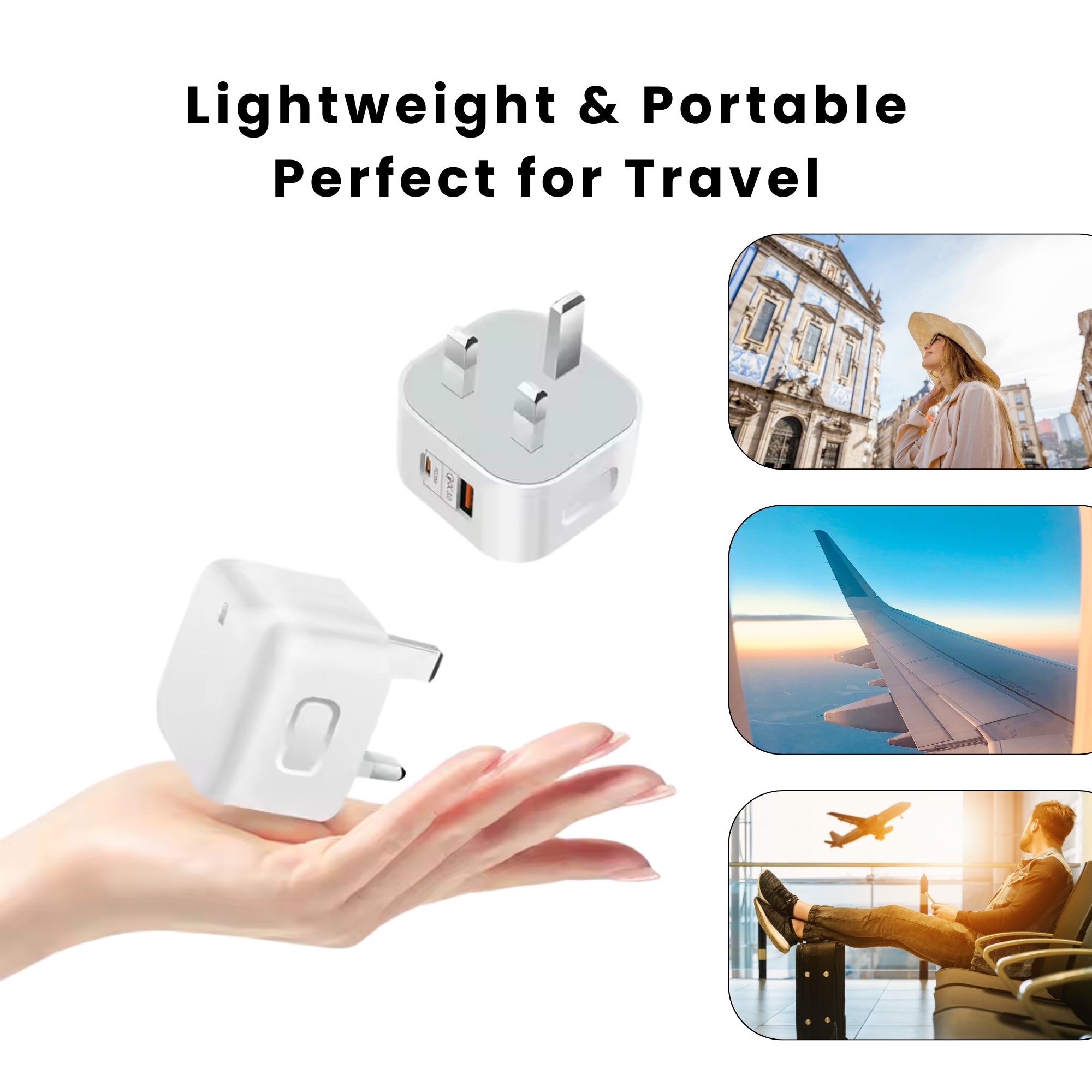 Core Dual USB Fast Charging Plug, perfect for travel, lightweight and portable.