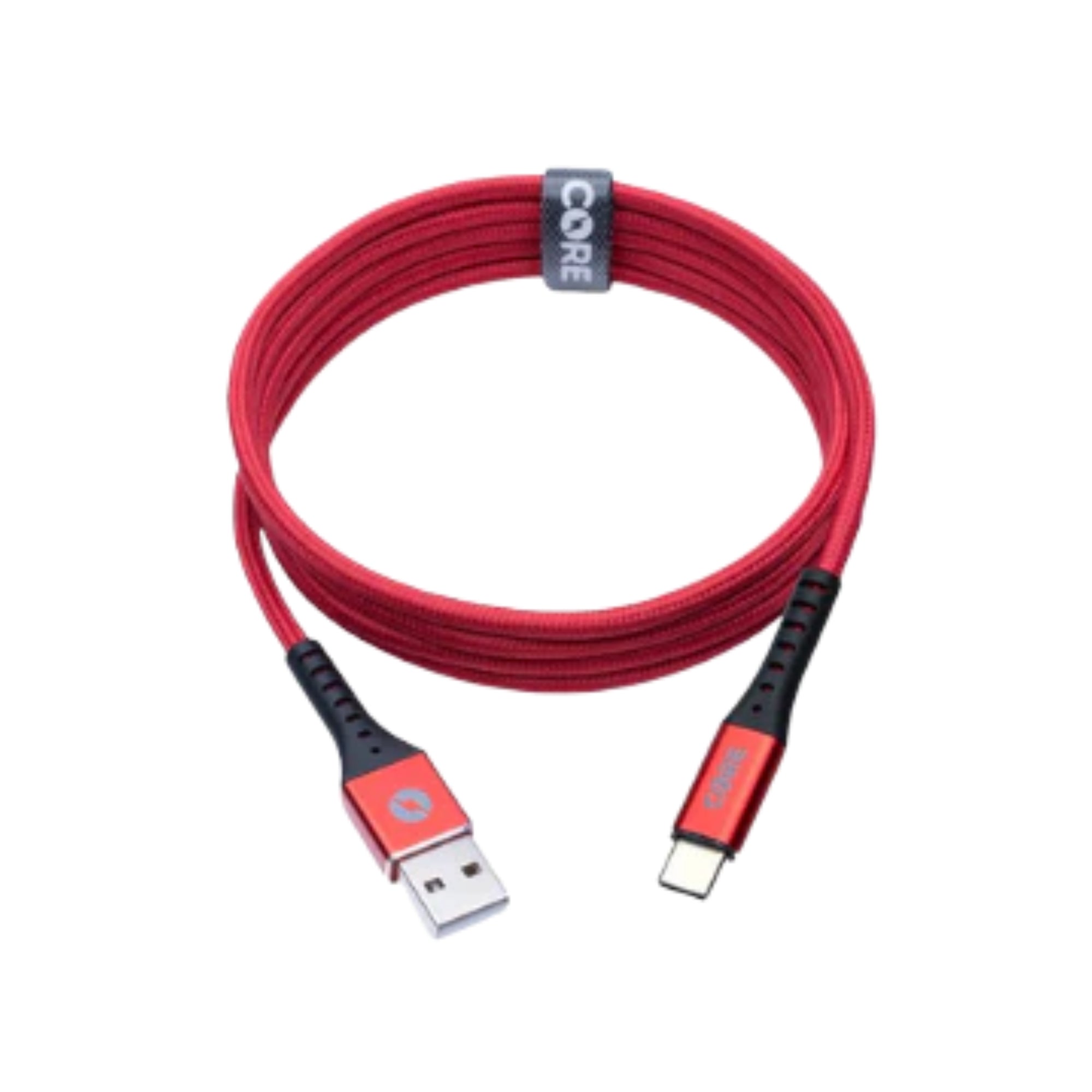 A red-colored Core Type C cable with a USB connector on one end and a Type-C connector on the other, branded with the CORE logo.