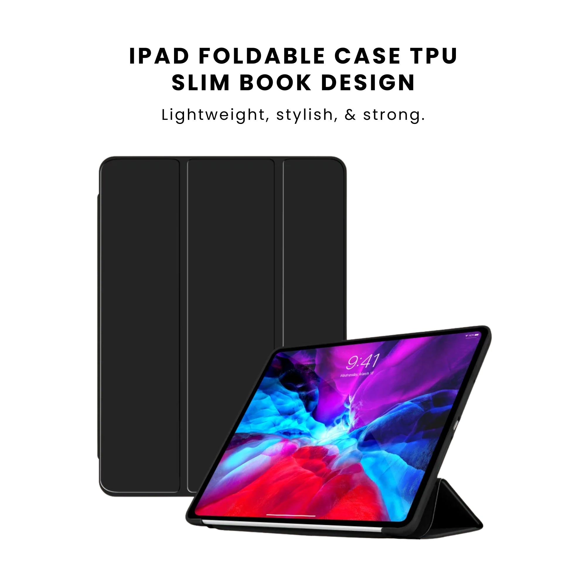 A black foldable case for an iPad, displayed both closed and open with an iPad inside showing a colorful screen.
