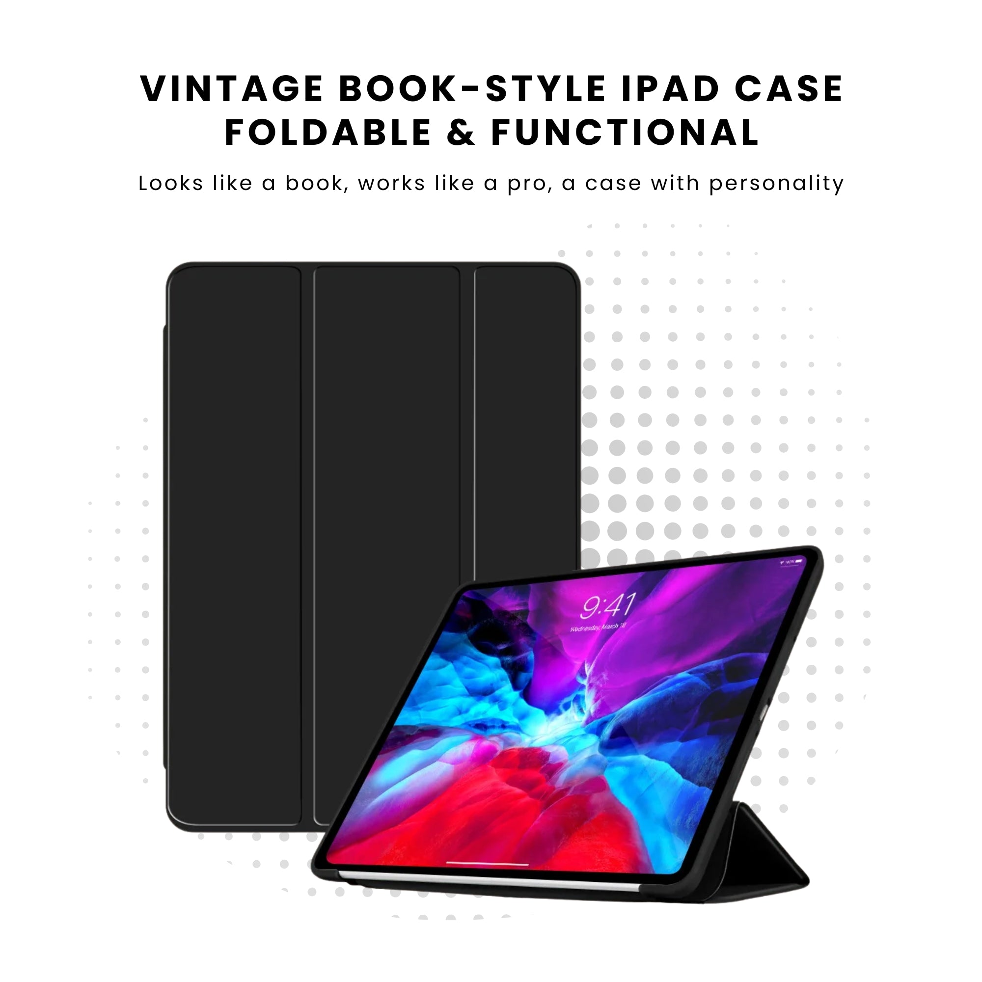 A black foldable case for an iPad, displayed both closed and open with an iPad inside showing a colorful screen.