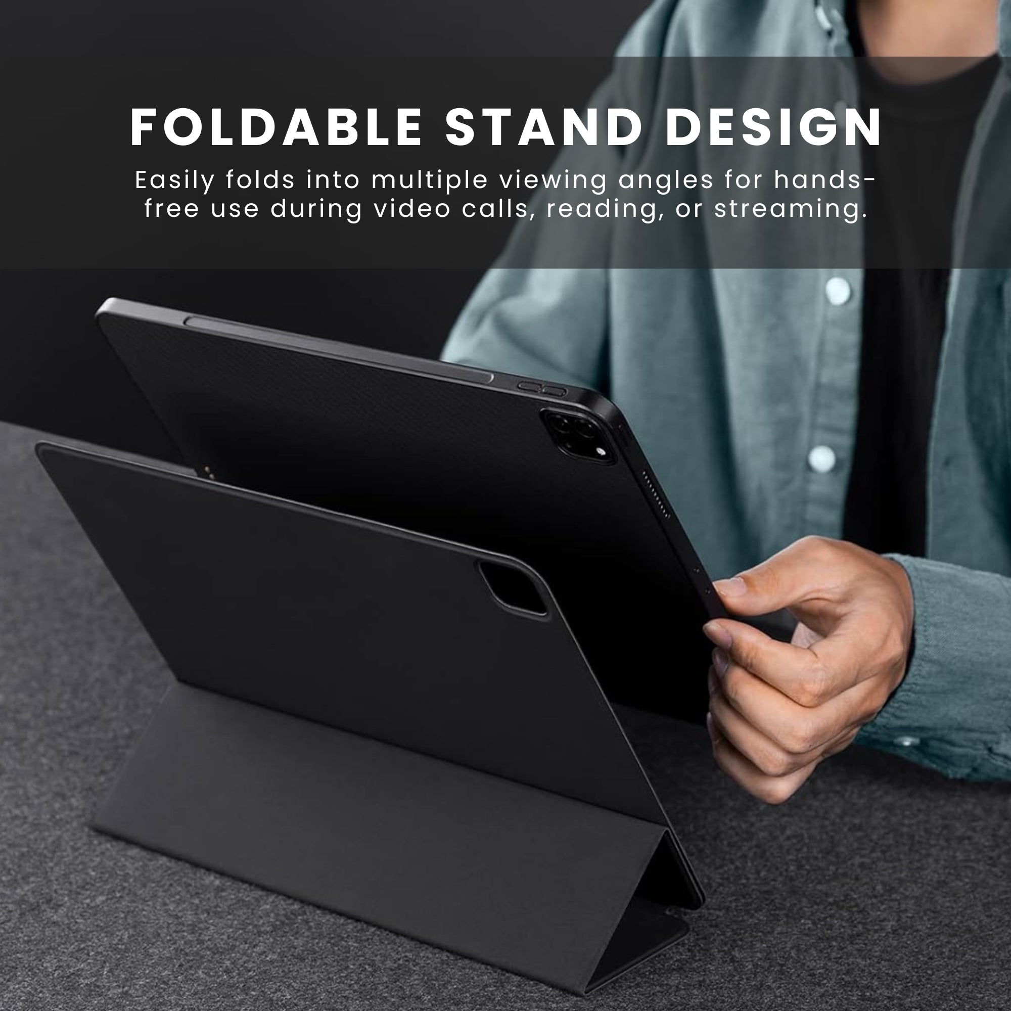 A black foldable case for an iPad, displayed open with an iPad.