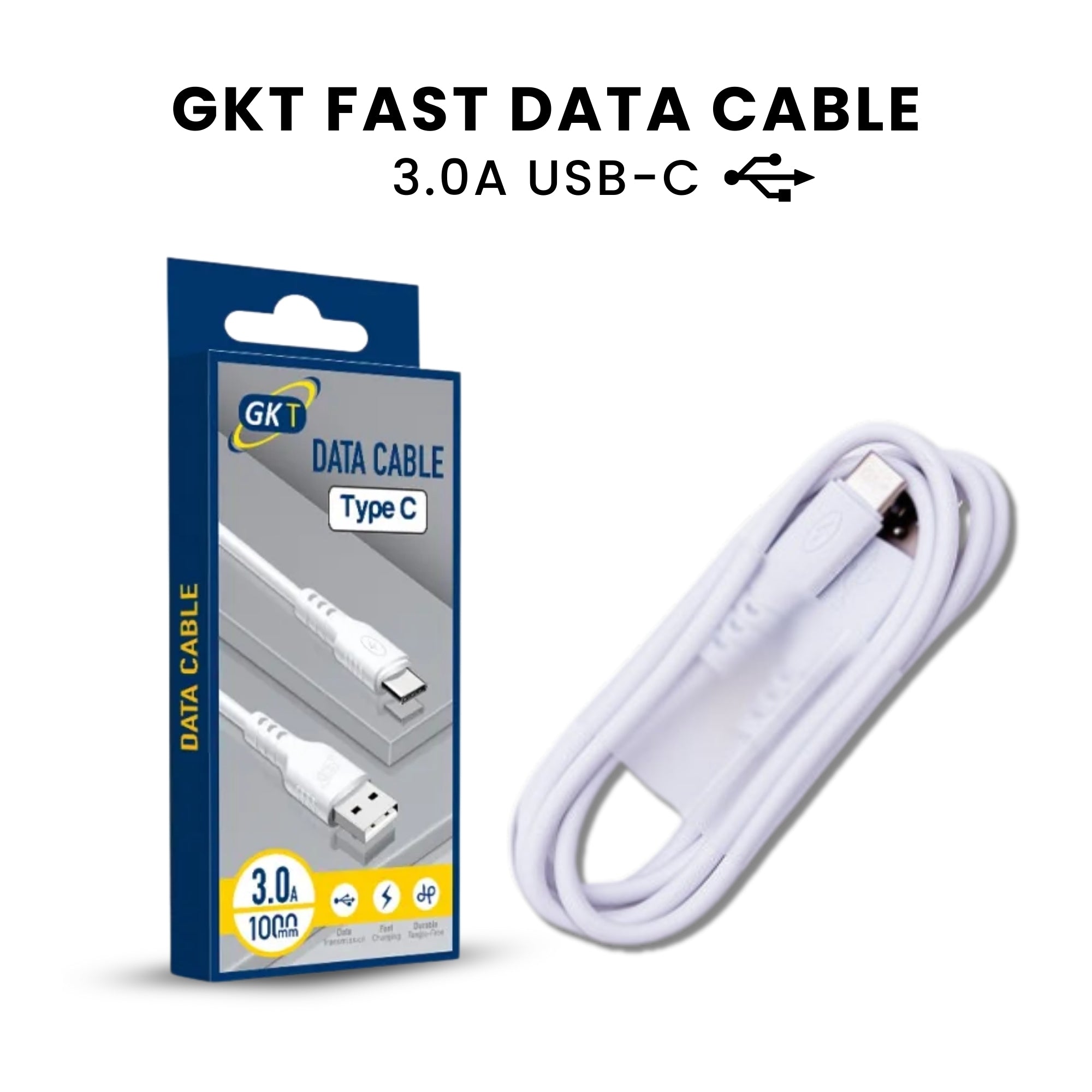 Packaging of GKT Type C Cable with a white and blue color scheme, featuring the cable.