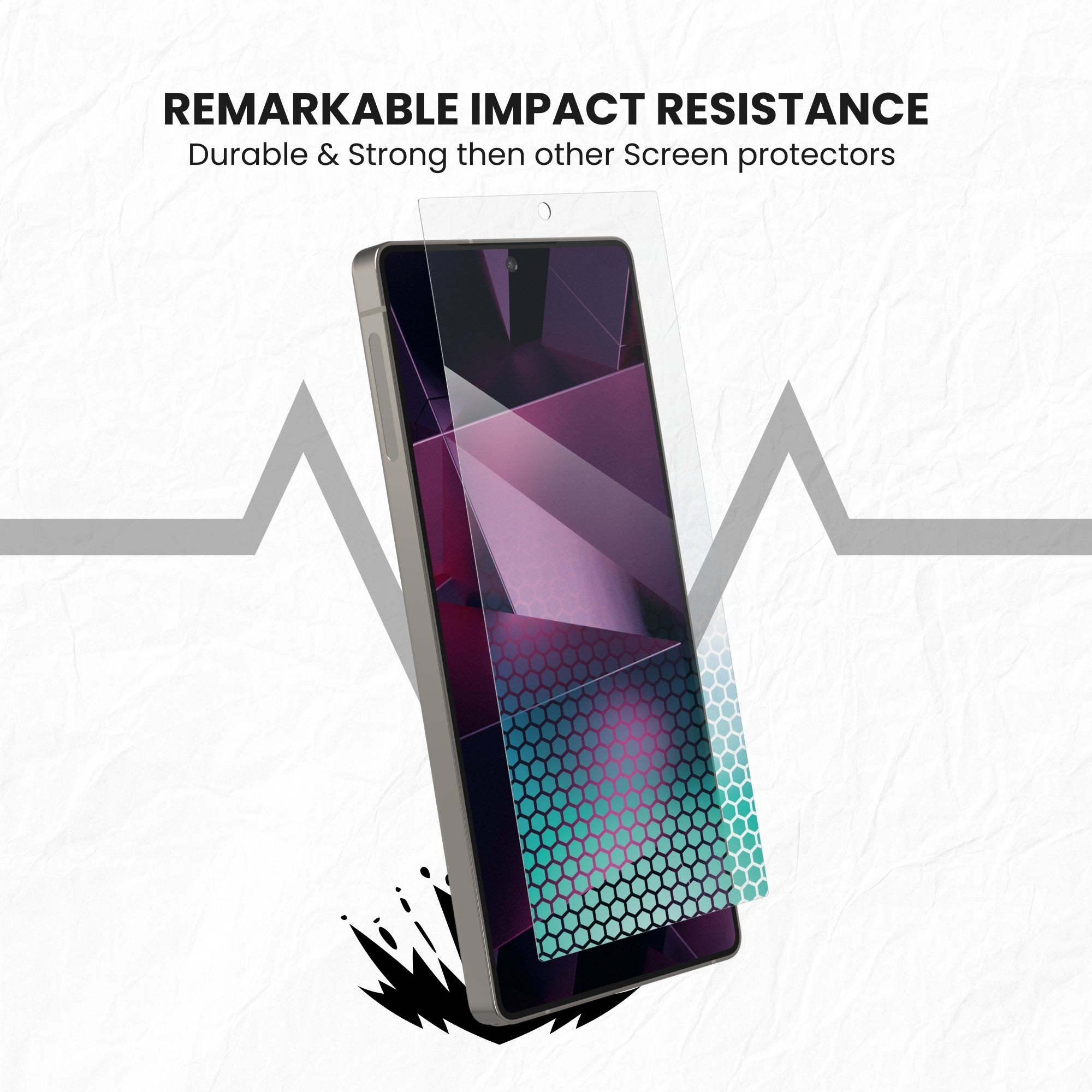 A clear glass screen protector for the Samsung Galaxy S series with remarkable impact resistance displayed on a plain background.