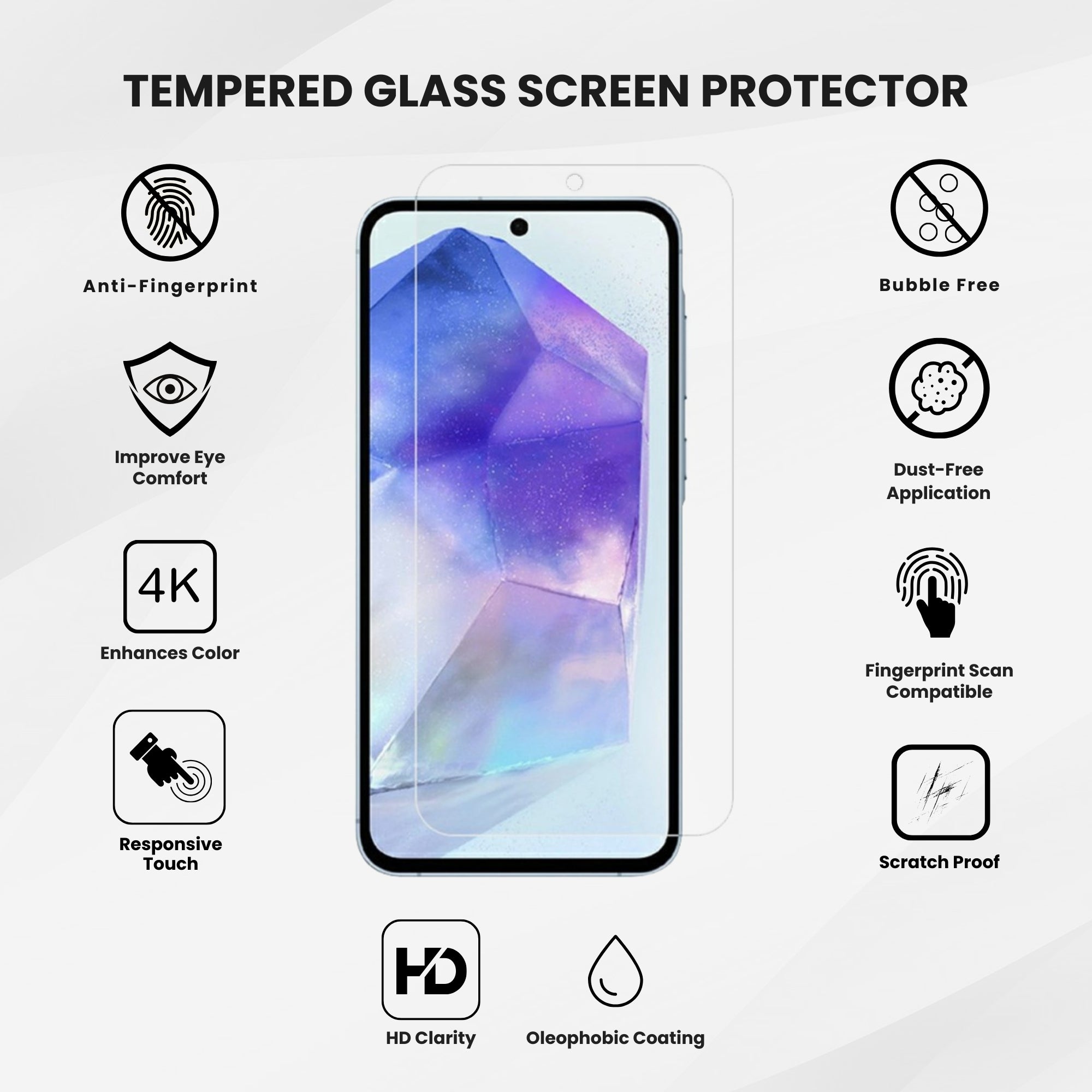 A glass screen protector for all Samsung A Series smartphones, displayed on a plain background with all features written along with the phone.