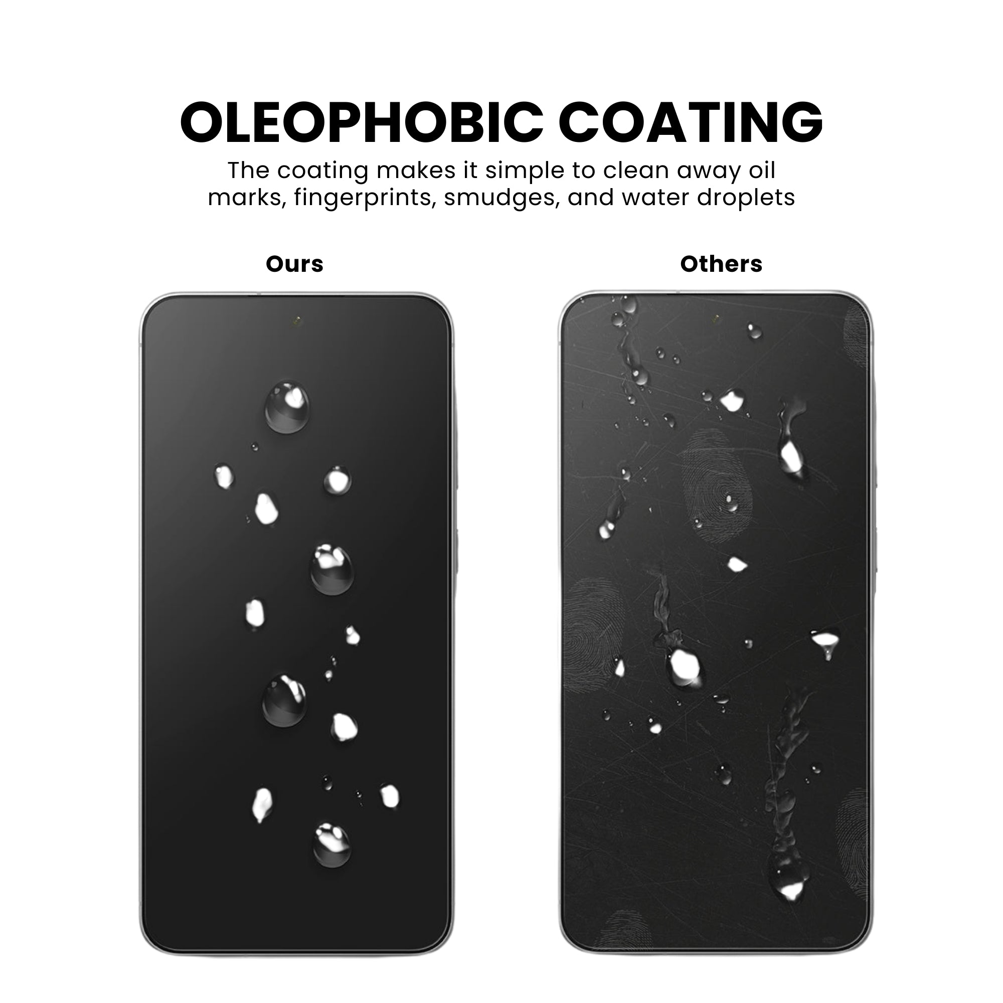 A glass screen protector for all Samsung A Series smartphones with oleophobic coating, displayed on a plain background.