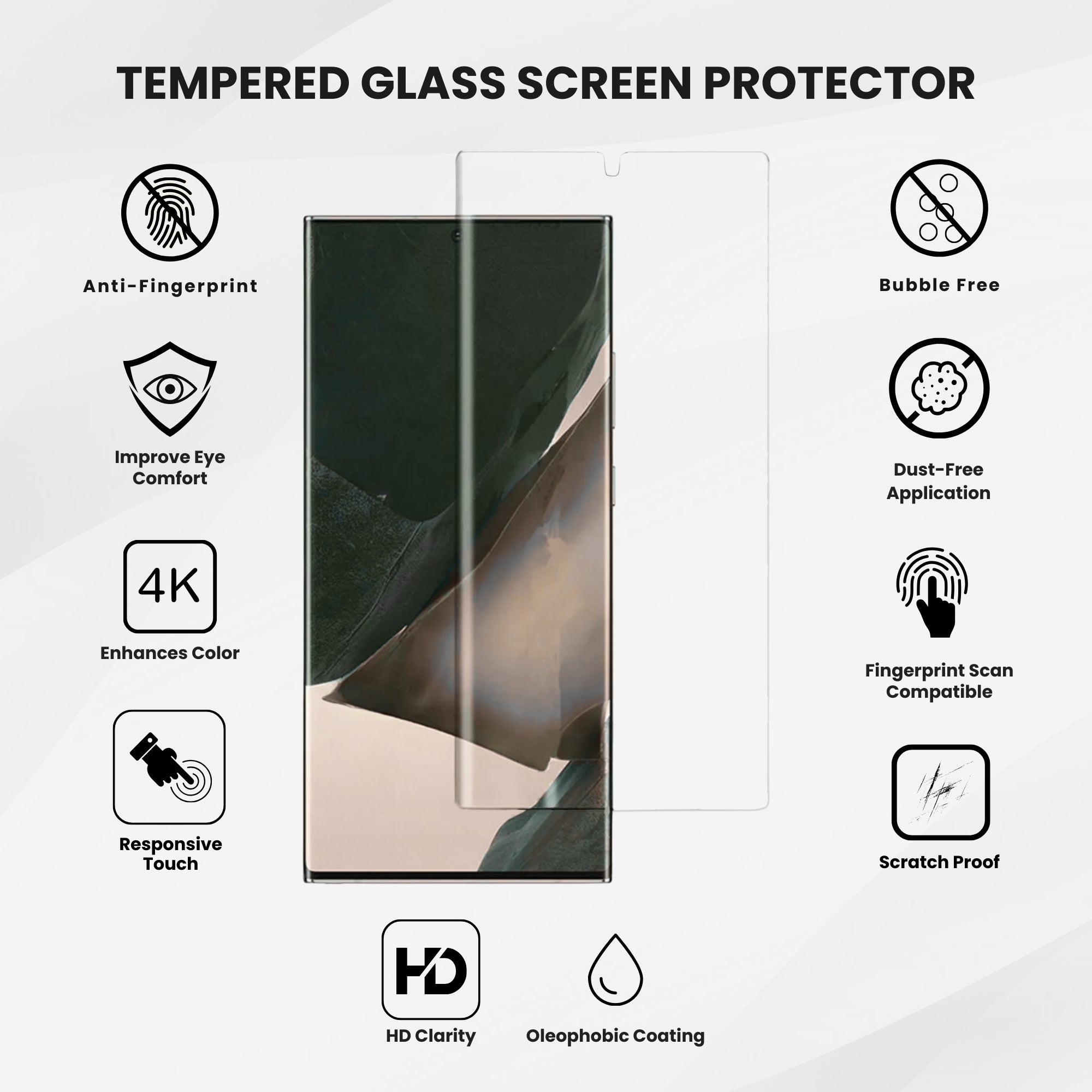 A clear glass screen protector for the Samsung Note series displayed on a plain background.