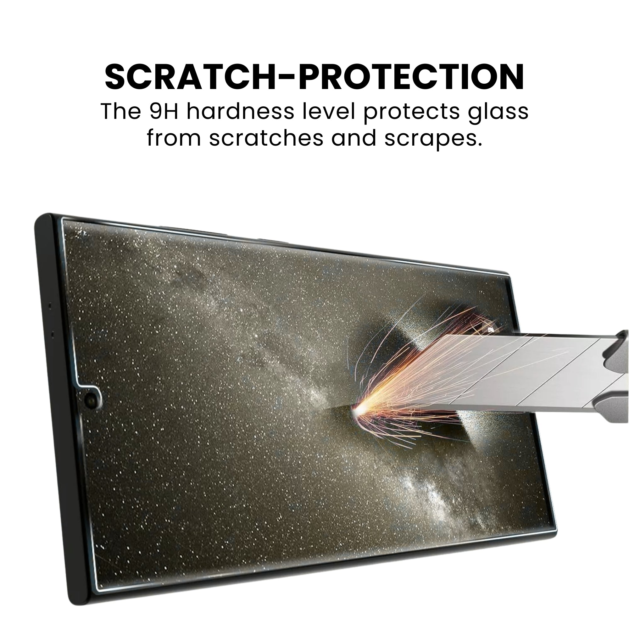 A clear glass screen protector for the Samsung Note series with scratch resistant protection displayed on a plain background.