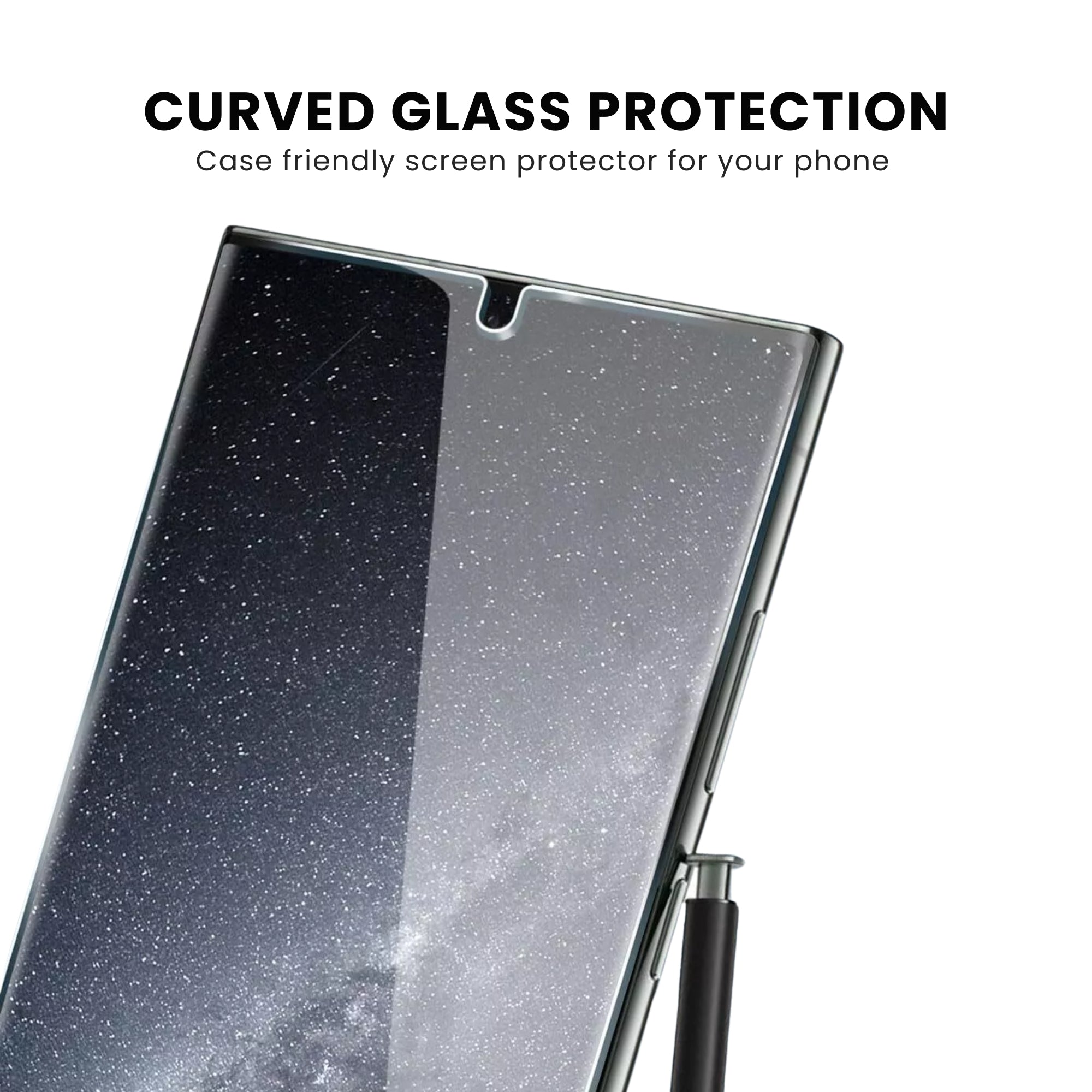 A clear glass screen protector for the Samsung Note series with curved glass protection displayed on a plain background.