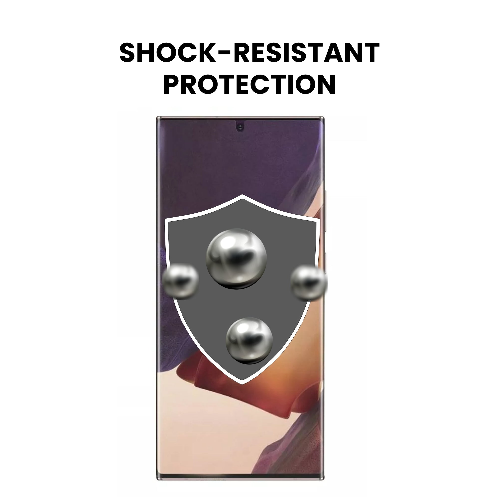 A clear glass screen protector for the Samsung Note series with shock resistant protection displayed on a plain background.