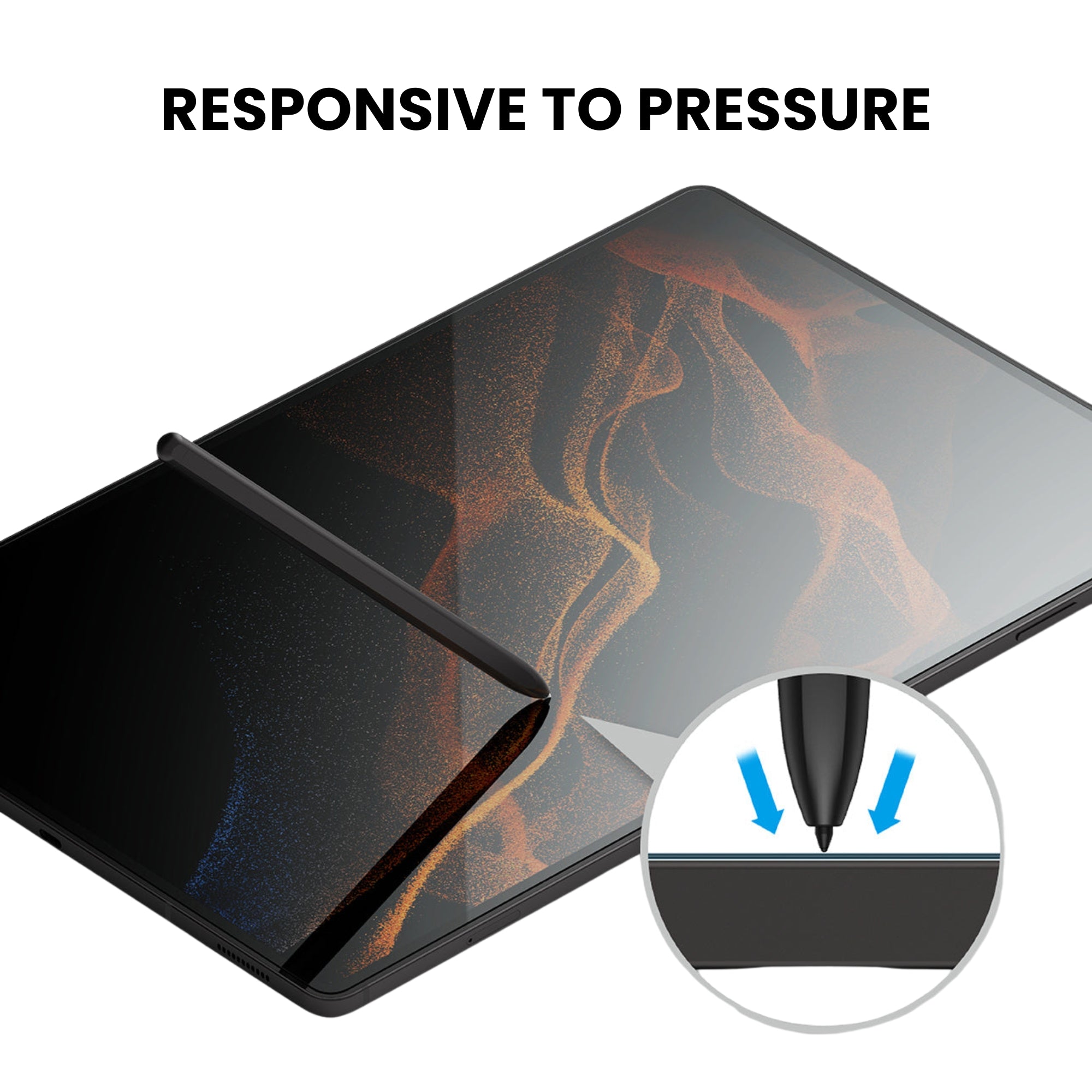 A tempered glass screen protector for Samsung tablet with response to pressure displayed over a plain background.