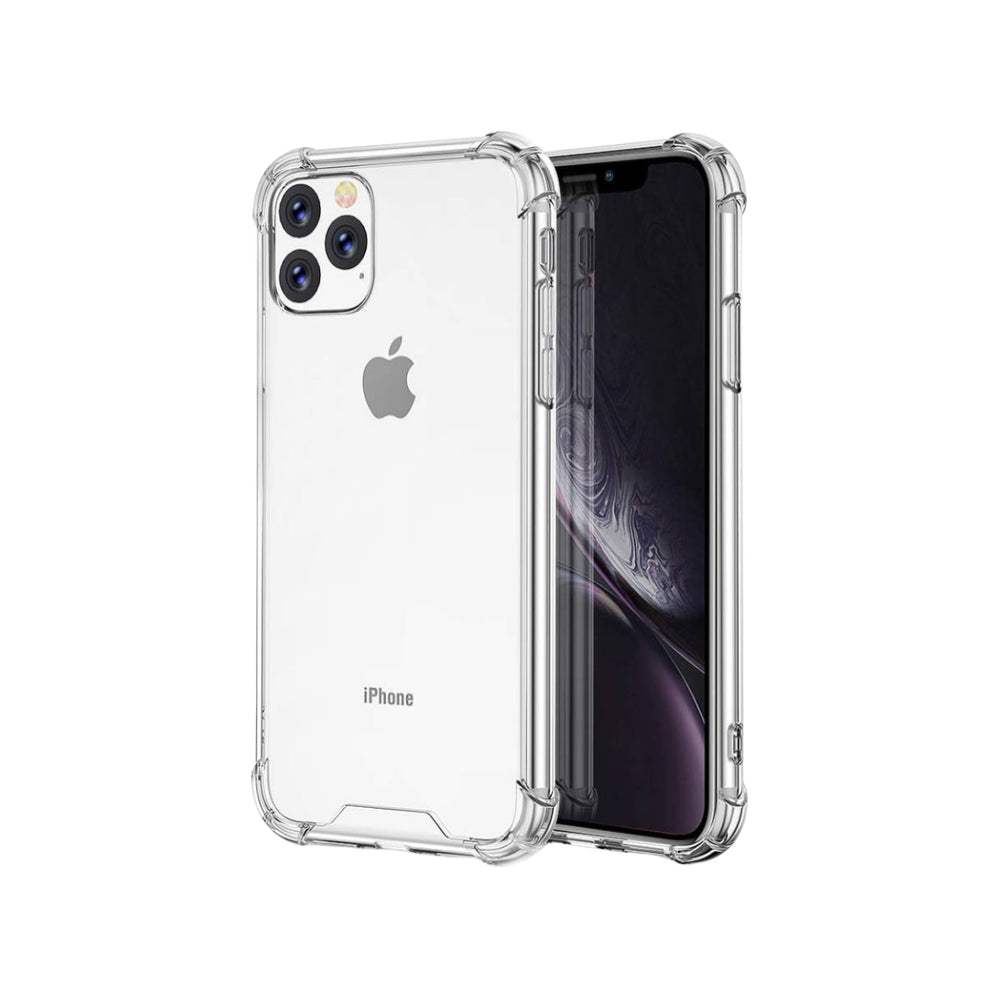 A clear plastic case for iPhone 11 Pro Max with raised bezels and a transparent back cover, showcasing the phone's screen and buttons.